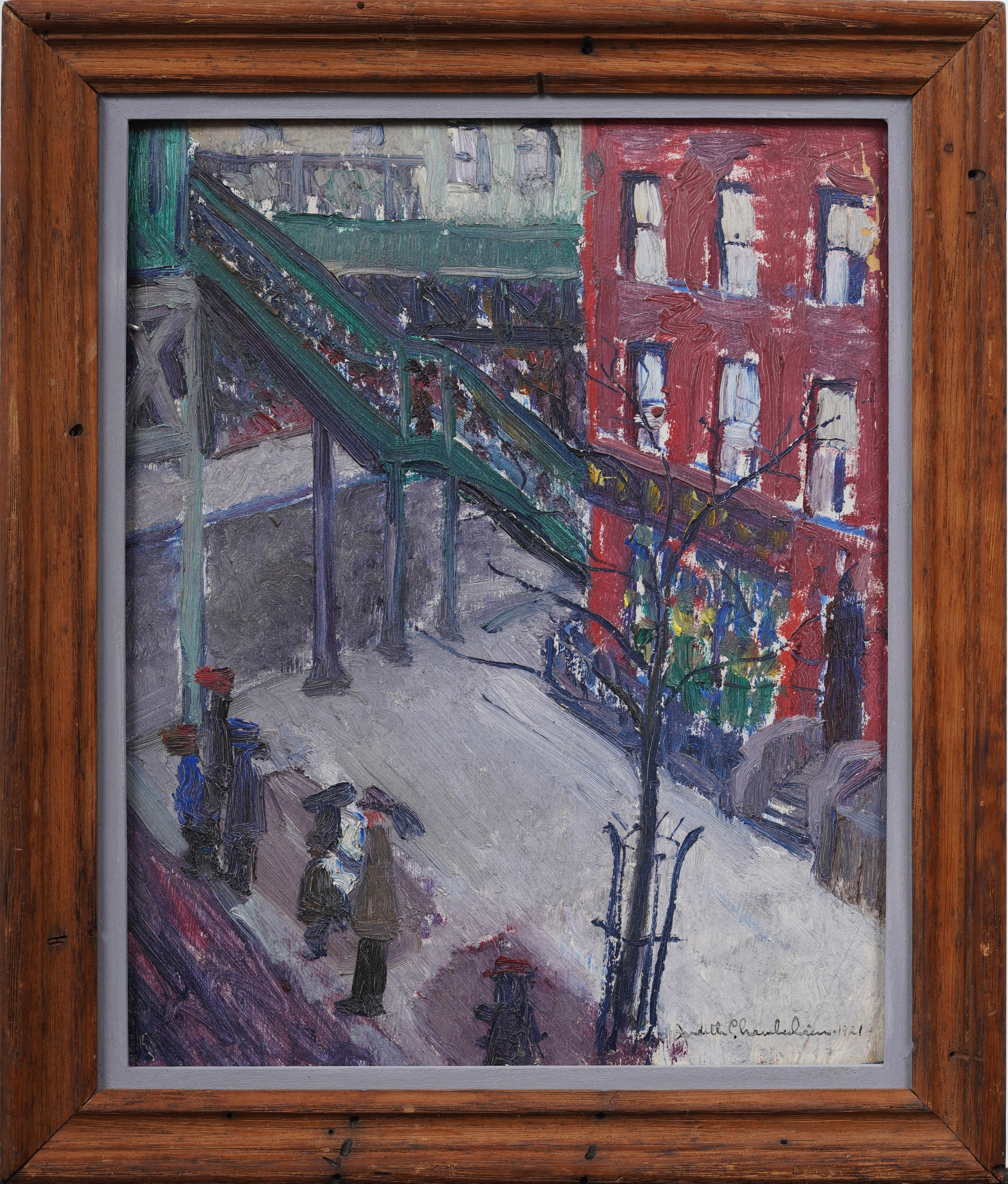 Seltene antike amerikanische weibliche Modernist Ashcan Schule Straßenszene Ölgemälde – Painting von Judith Chamberlain