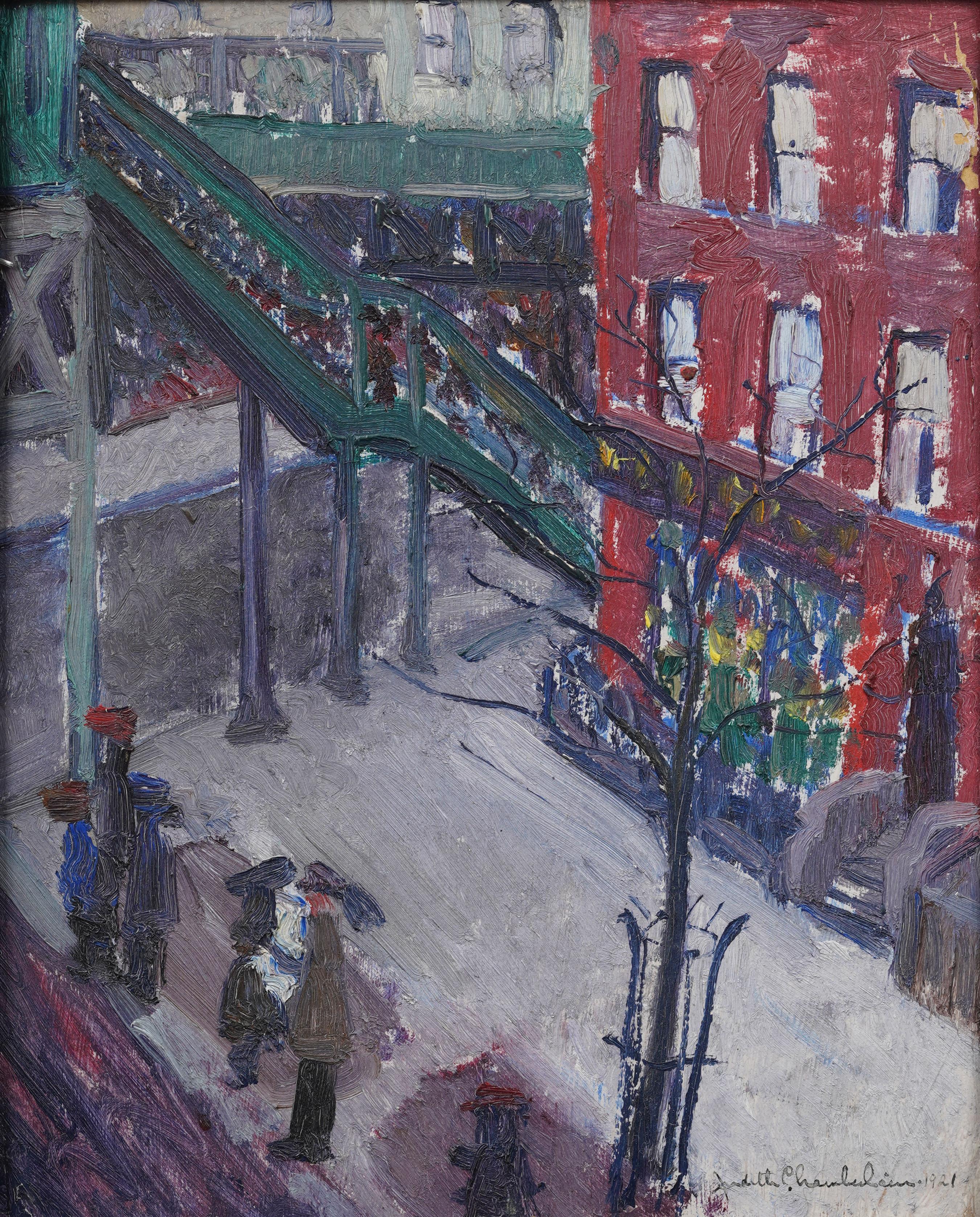 Seltene antike amerikanische weibliche Modernist Ashcan Schule Straßenszene Ölgemälde (Moderne), Painting, von Judith Chamberlain