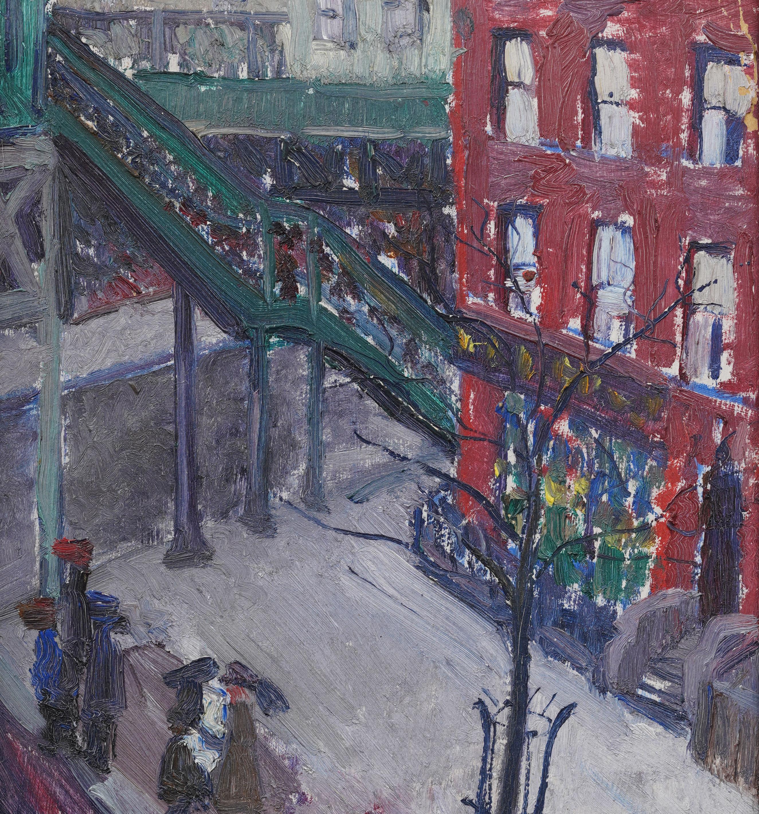 Seltene antike amerikanische weibliche Modernist Ashcan Schule Straßenszene Ölgemälde (Grau), Landscape Painting, von Judith Chamberlain