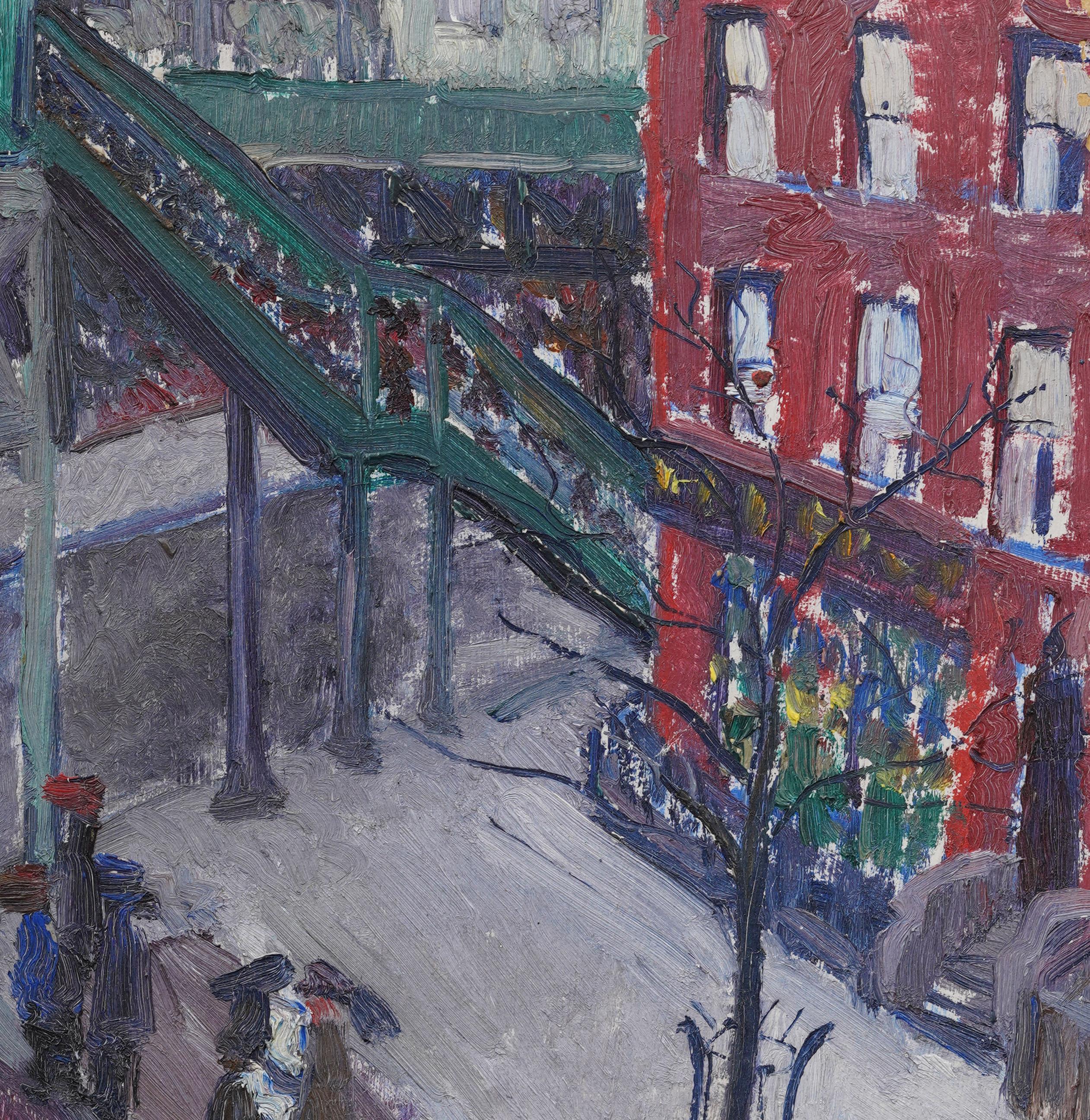 Antikes modernistisches Stadtbild der amerikanischen Ashcan School von Judith Chamberlain (1893 - 1965).  Öl auf Karton.  Gerahmt.  Unterschrieben.  Ausgezeichneter hängefertiger Zustand.  

