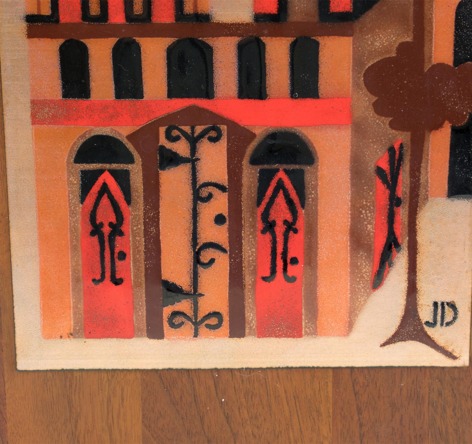 Panneau mural d'œuvres d'art en émail de Judith Daner, paysage urbain géométrique du milieu du siècle, une paire en vente 3