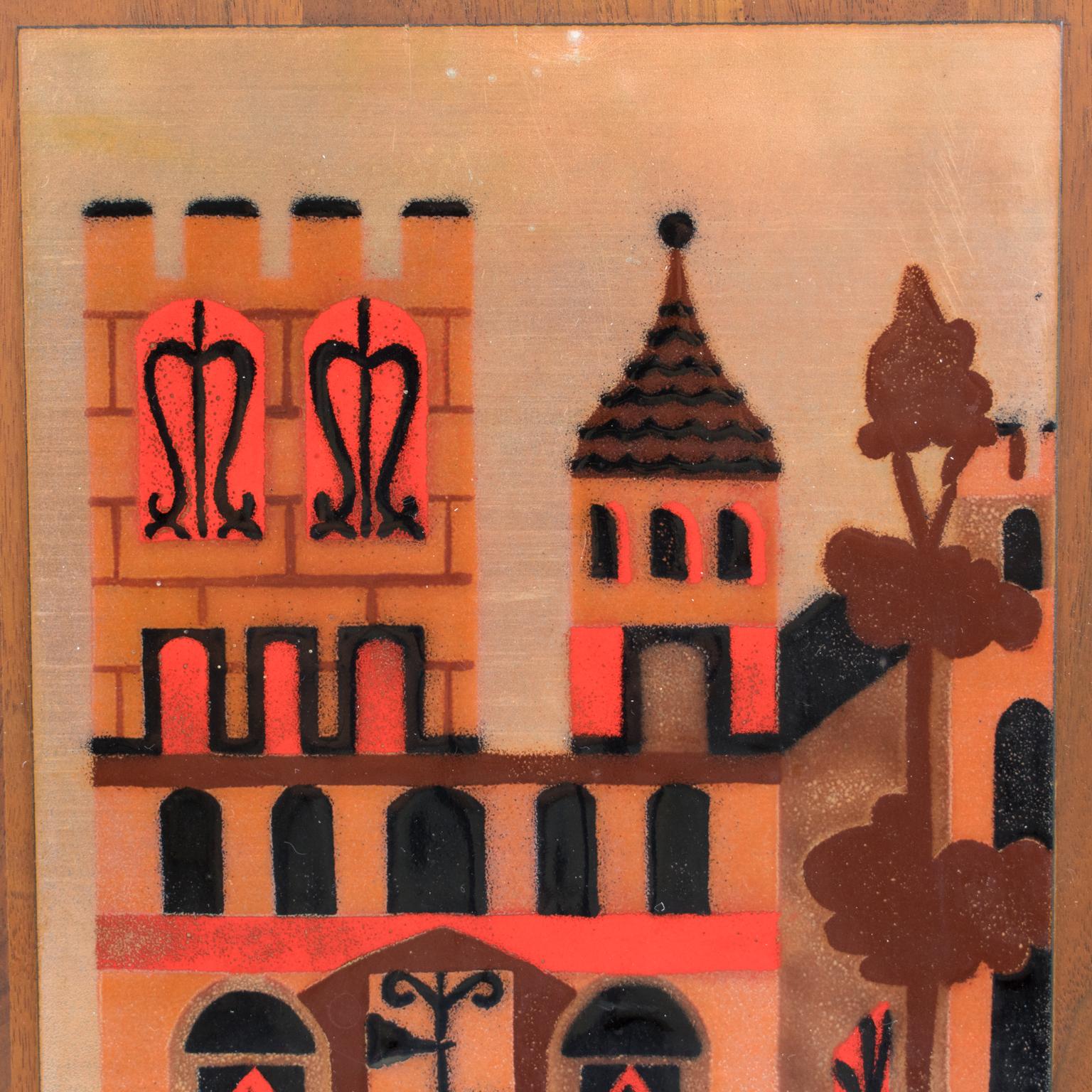 Panneau mural d'œuvres d'art en émail de Judith Daner, paysage urbain géométrique du milieu du siècle, une paire en vente 4