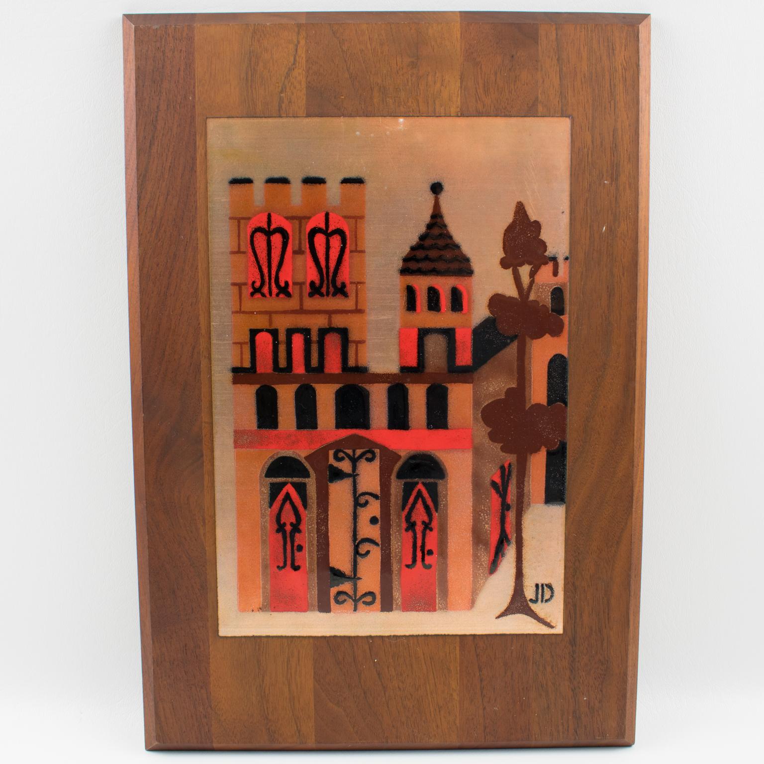 Panneau mural d'œuvres d'art en émail de Judith Daner, paysage urbain géométrique du milieu du siècle, une paire en vente 5