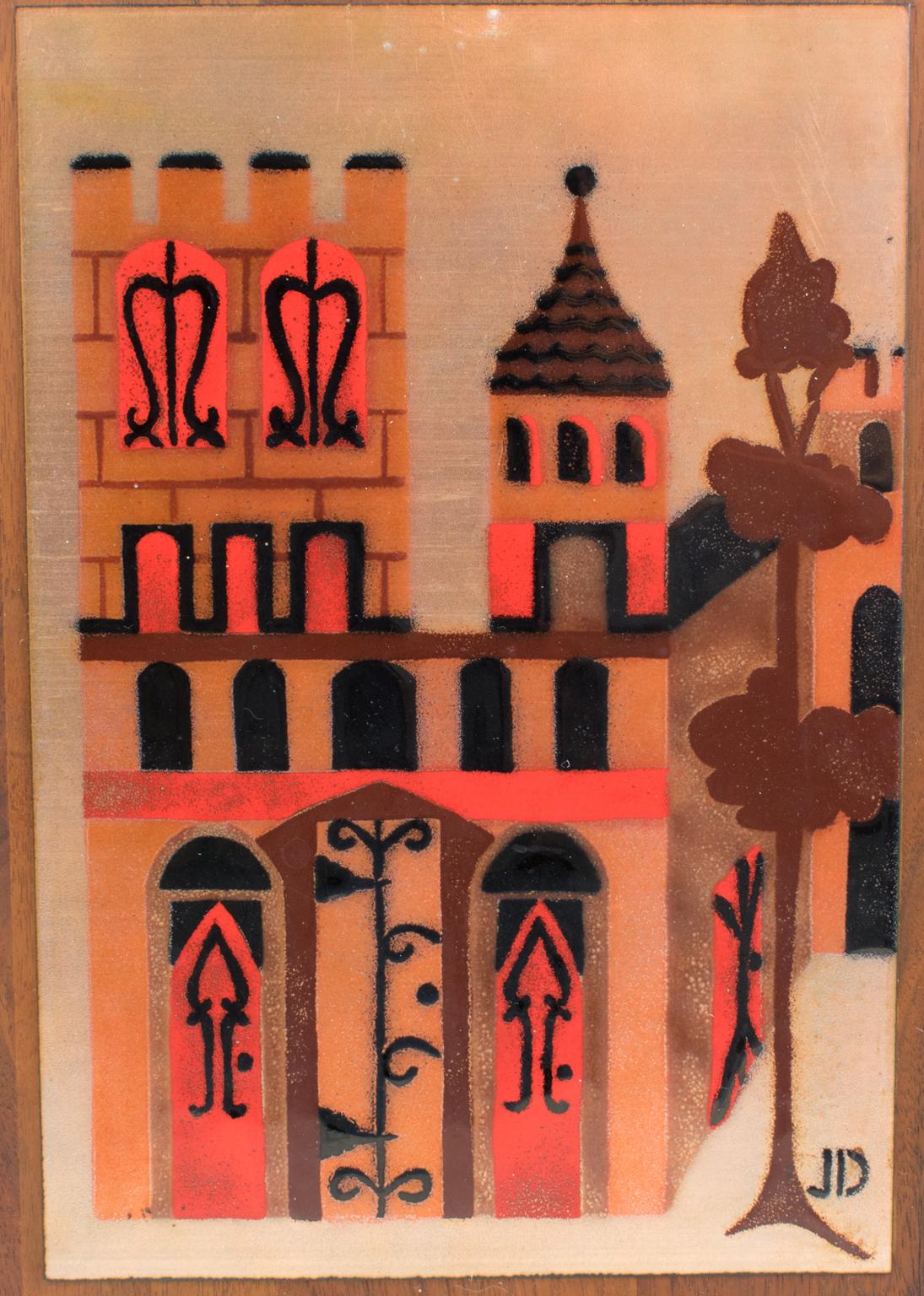 Panneau mural d'œuvres d'art en émail de Judith Daner, paysage urbain géométrique du milieu du siècle, une paire en vente 6