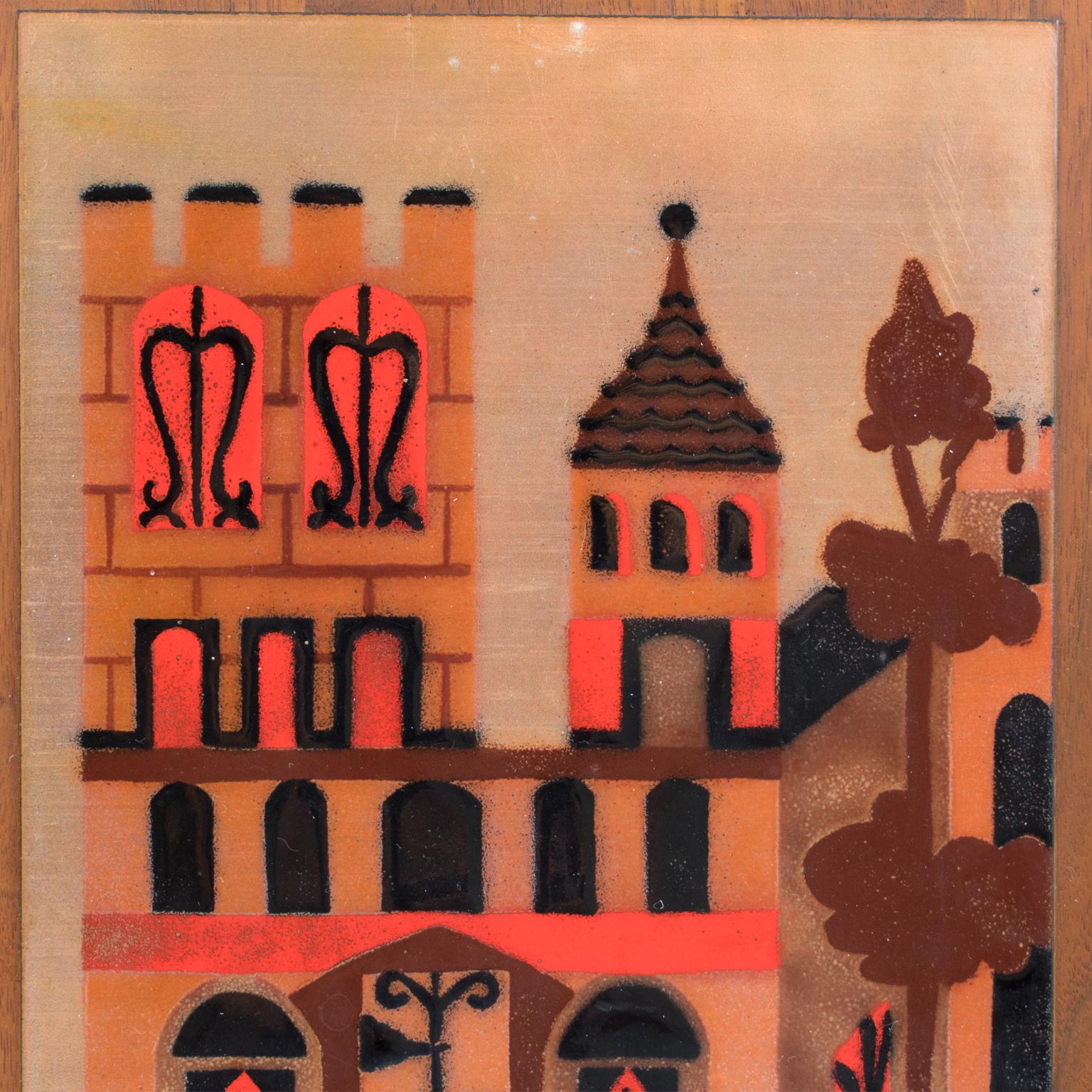 Panneau mural d'œuvres d'art en émail de Judith Daner, paysage urbain géométrique du milieu du siècle, une paire en vente 8