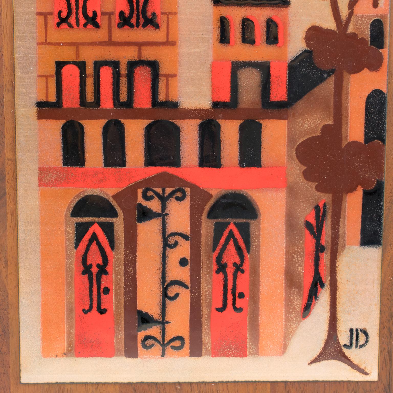 Panneau mural d'œuvres d'art en émail de Judith Daner, paysage urbain géométrique du milieu du siècle, une paire en vente 9