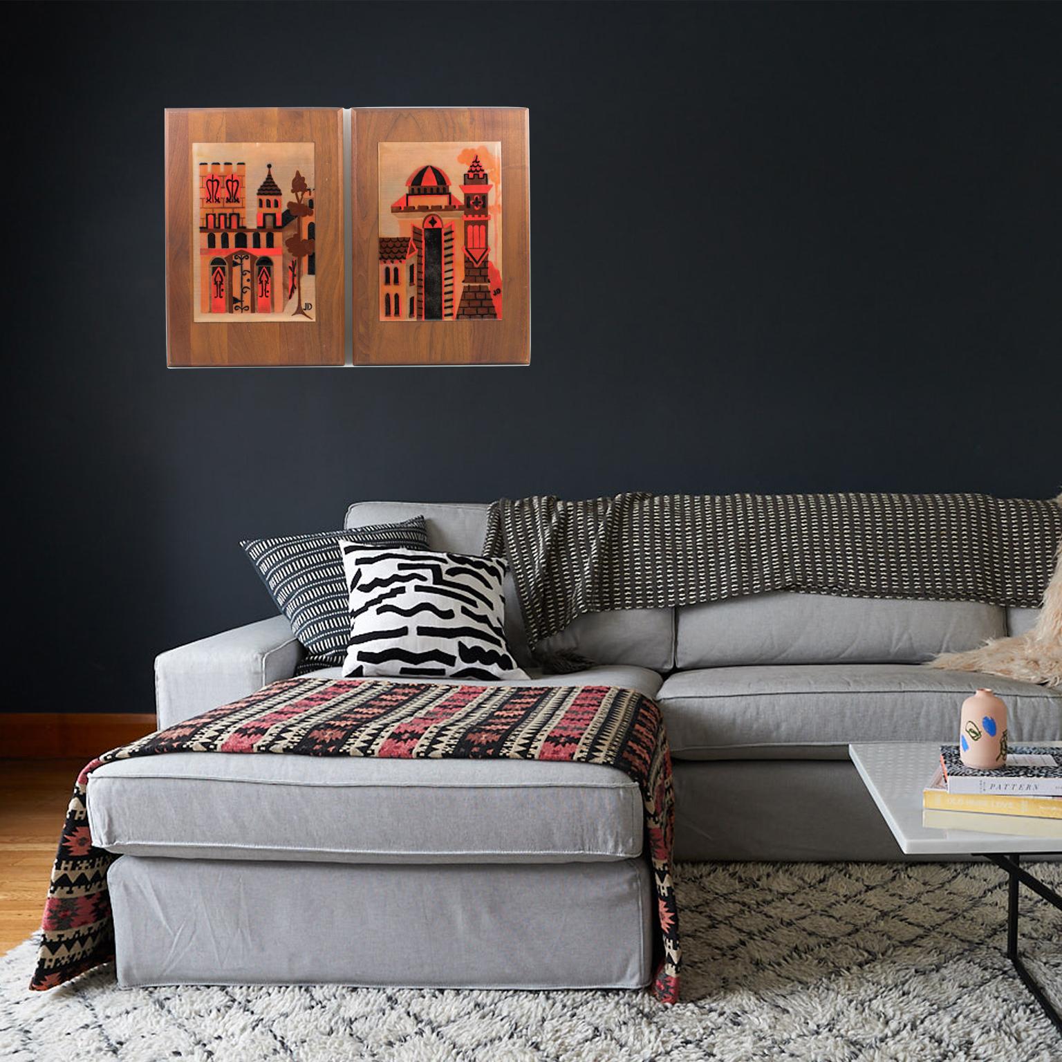 Panneau mural d'œuvres d'art en émail de Judith Daner, paysage urbain géométrique du milieu du siècle, une paire en vente 12