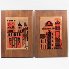 Judith Daner Enamel Artwork Wall Panel Geometric Mid-Century Cityscape, a pair