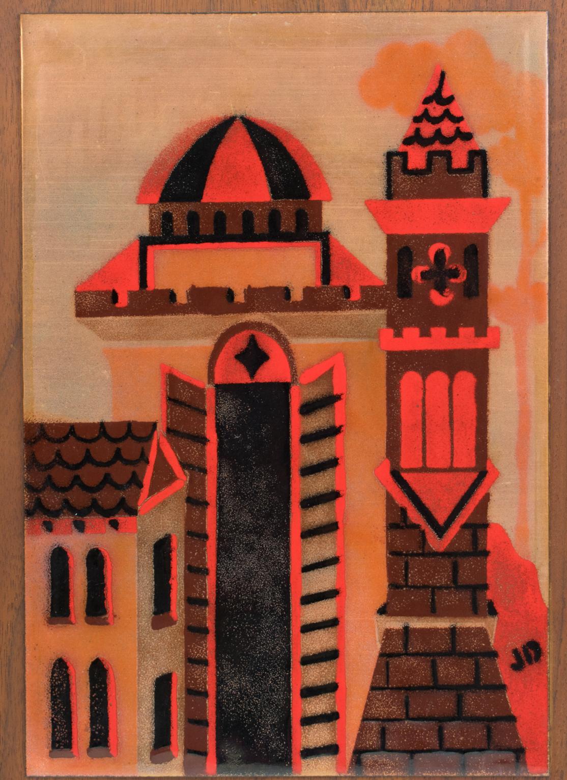 Panneau mural d'œuvres d'art en émail de Judith Daner, paysage urbain géométrique du milieu du siècle, une paire Bon état - En vente à Atlanta, GA