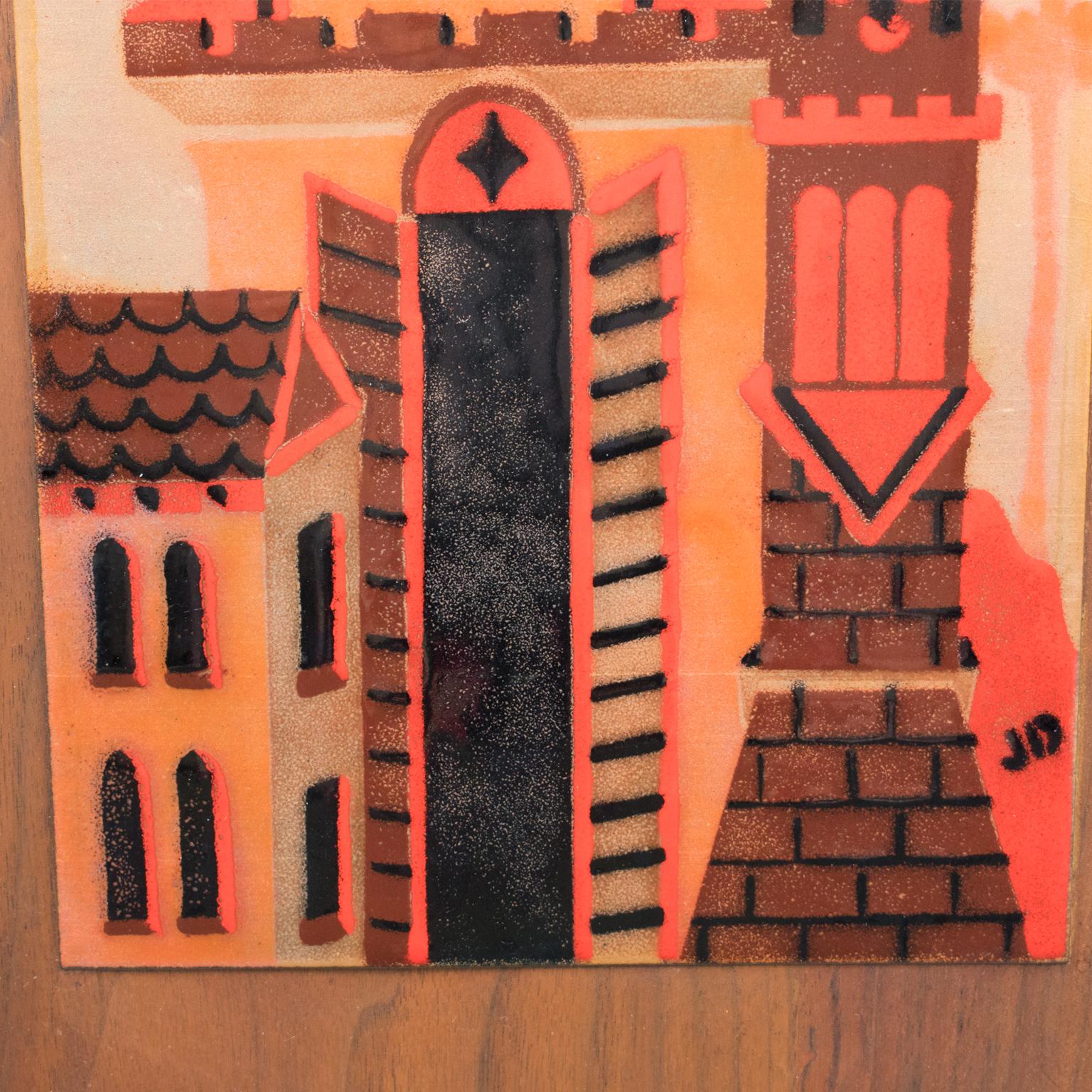 Panneau mural d'œuvres d'art en émail de Judith Daner, paysage urbain géométrique du milieu du siècle, une paire en vente 1