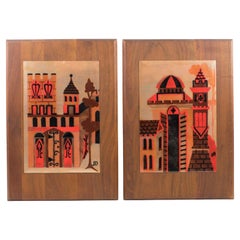 Judith Daner Enamel Artwork Wall Panel Geometric Mid-Century Cityscape, a pair