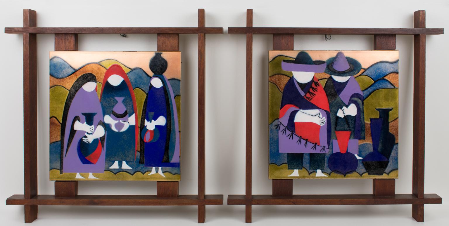 Judith Daner (1936 - 2023) designed these lovely Mid-Century modernist enamel on copper artwork in the 1950s. The one-tile plaque is on the original structured wood frame. The abstract and stylized design features women and men in typical South