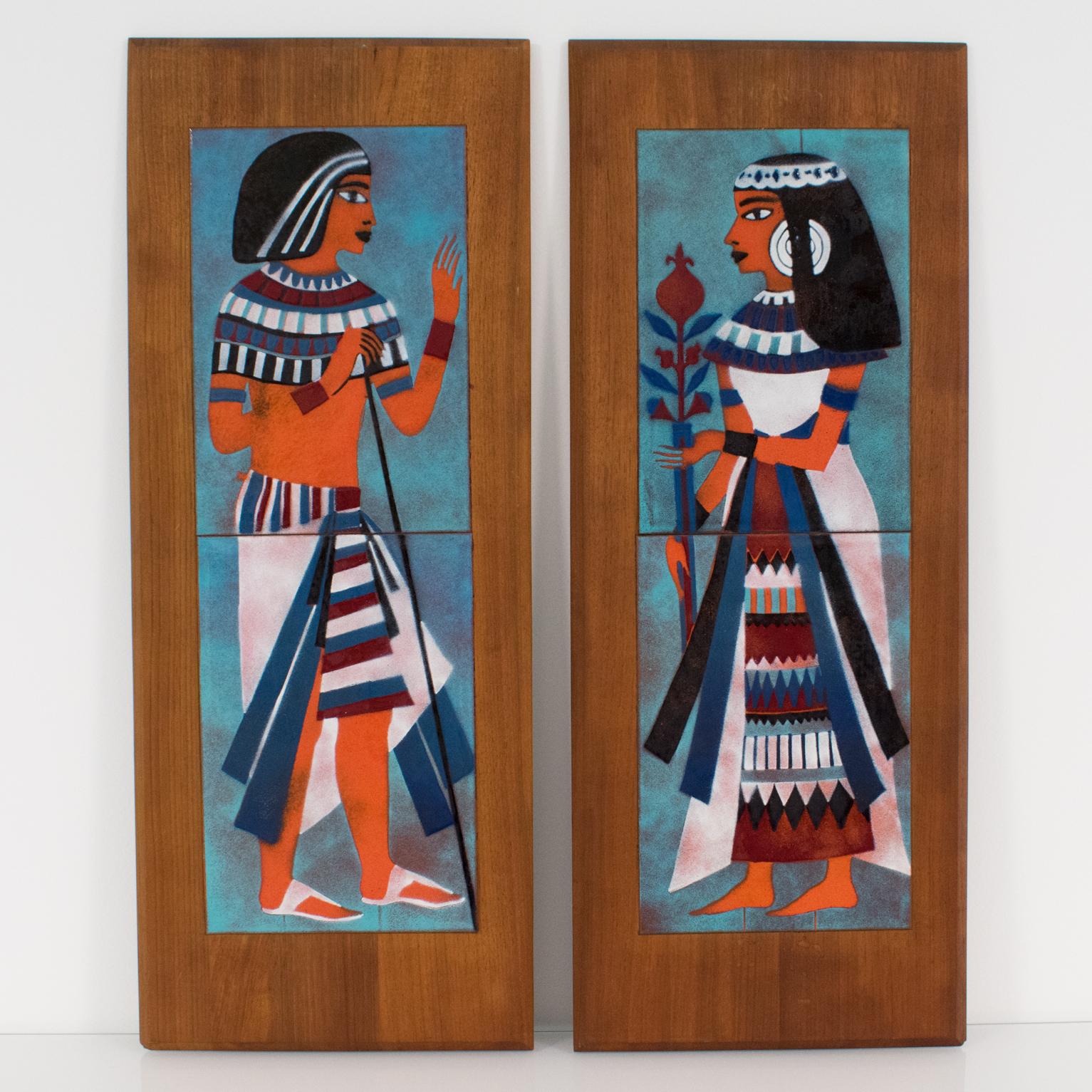 Mid-Century Modern Judith Daner Enamel on Copper Artwork Wall Panel Egyptians, a pair For Sale