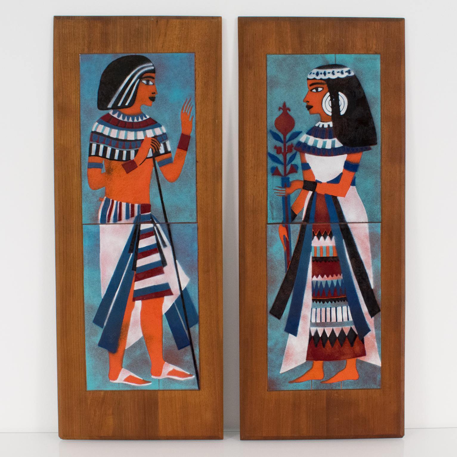 Mid-Century Modern Judith Daner - Panneau mural d'art en émail sur cuivre - Égyptiens, une paire en vente
