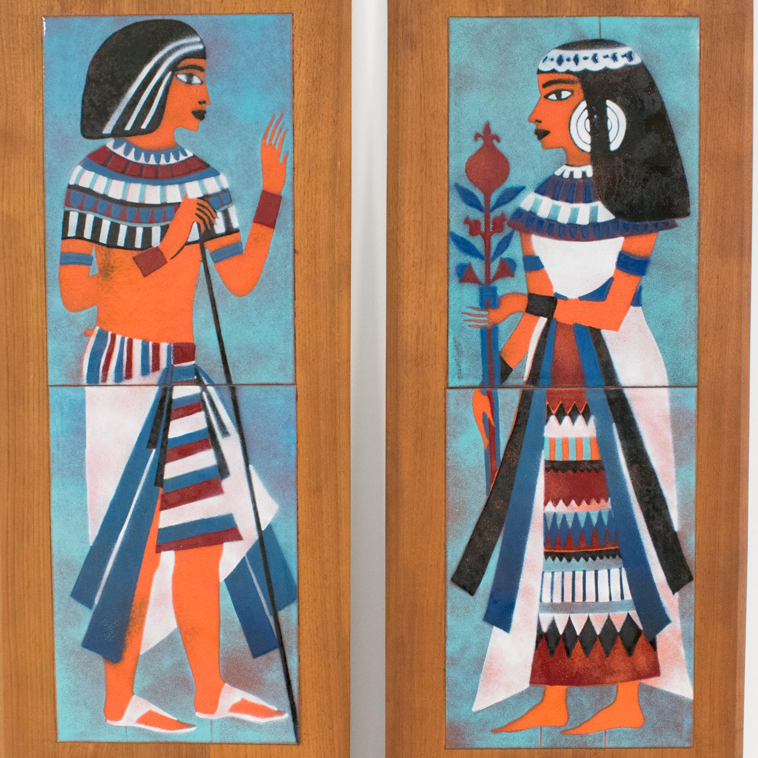 American Judith Daner Enamel on Copper Artwork Wall Panel Egyptians, a pair For Sale