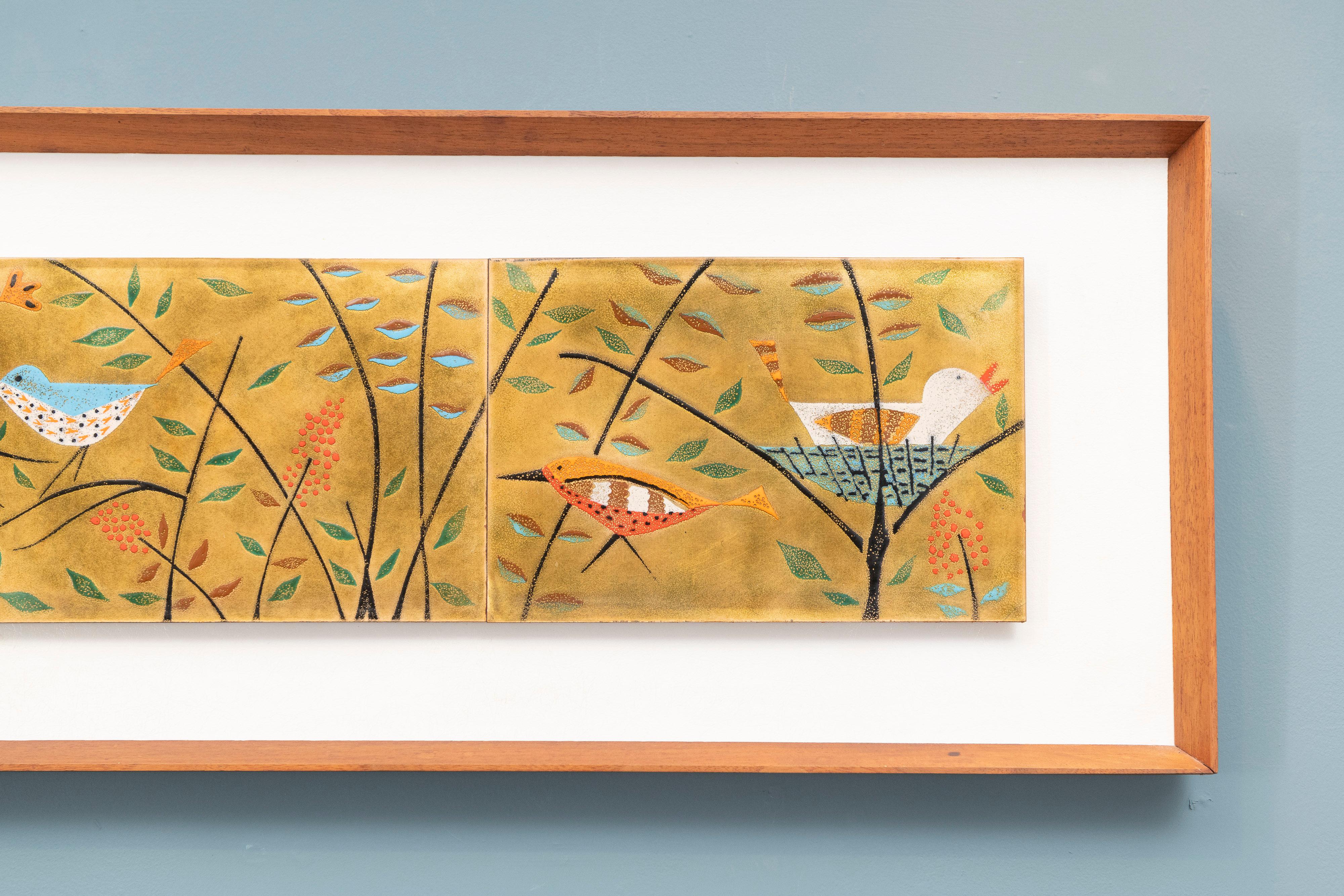 This is an absolutely wonderful vintage, circa 1950s, enamel on copper picture. It is by artist Judith Daner, known for her enamel works. This is the best I've seen! It depicts several modernist style birds in the trees, one even in a nest. This is