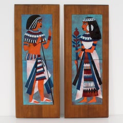 Judith Daner Mid-Century Enamel on Copper Artwork Wall Panel Egyptians, a pair