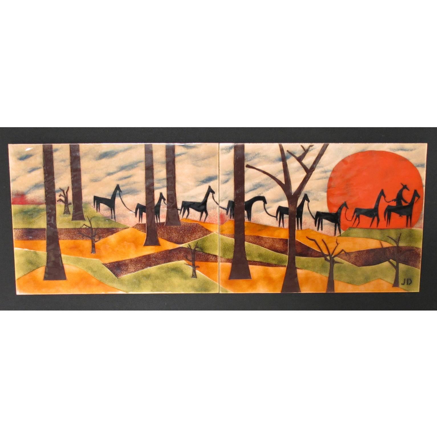 Stunning Mid-Century modernist enamel on copper artwork by Judith Daner. Two tile plaques mounted together on original oakwood frame with black fabric large matte. Abstract and stylized design featuring horses on the trail, Judith Daner used the