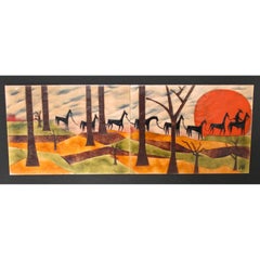 Judith Daner Mid-Century Enamel on Copper Artwork Wall Panel Horses on the Trail