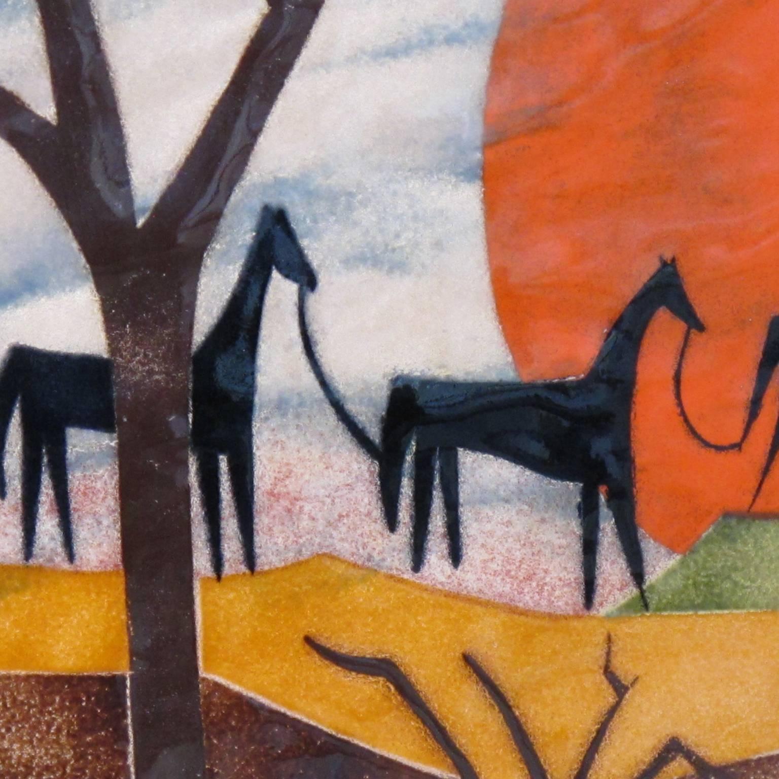 American Judith Daner Mid-Century Enamel on Copper Artwork Wall Panel Horses on the Trail