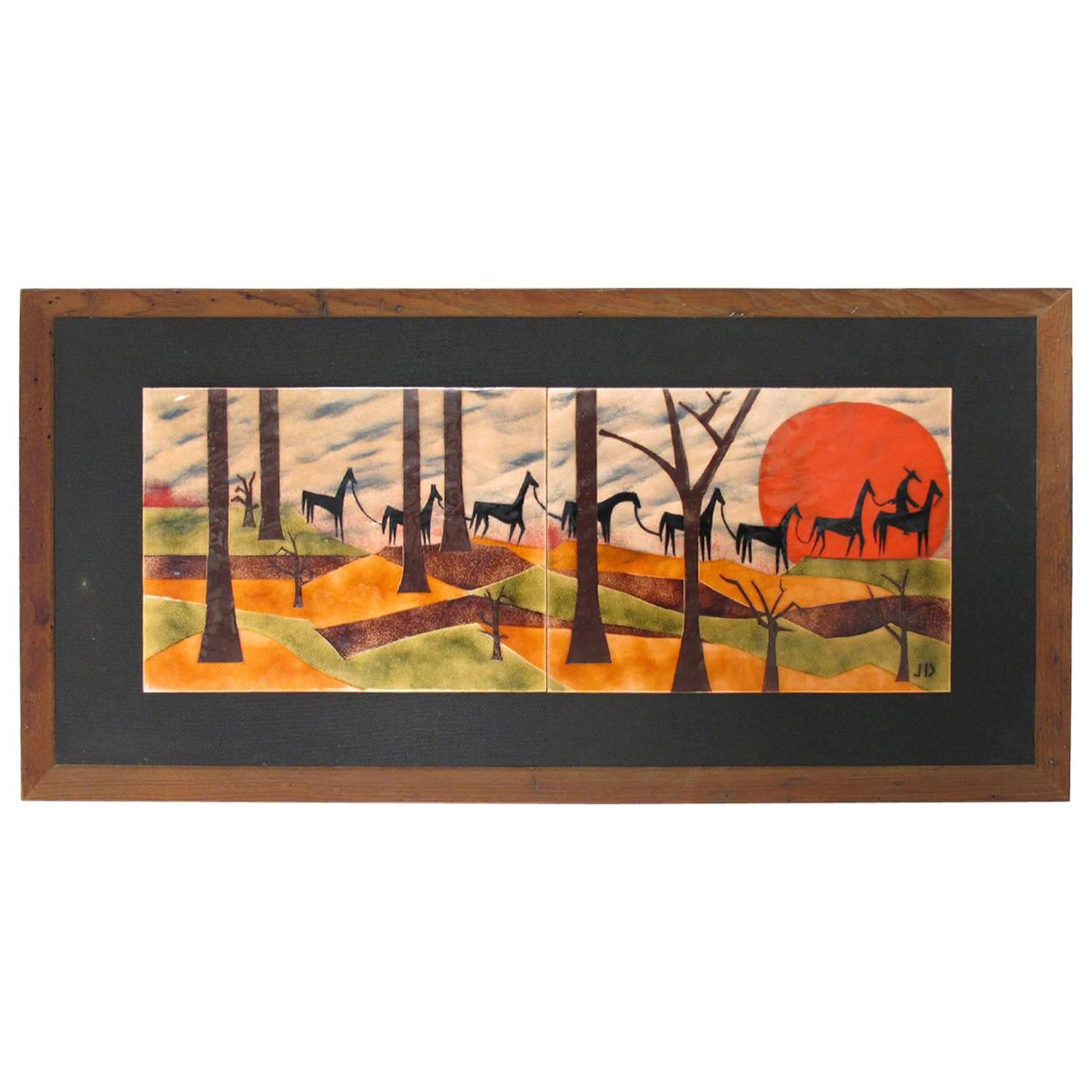 Judith Daner Mid-Century Enamel on Copper Artwork Wall Panel Horses on the Trail