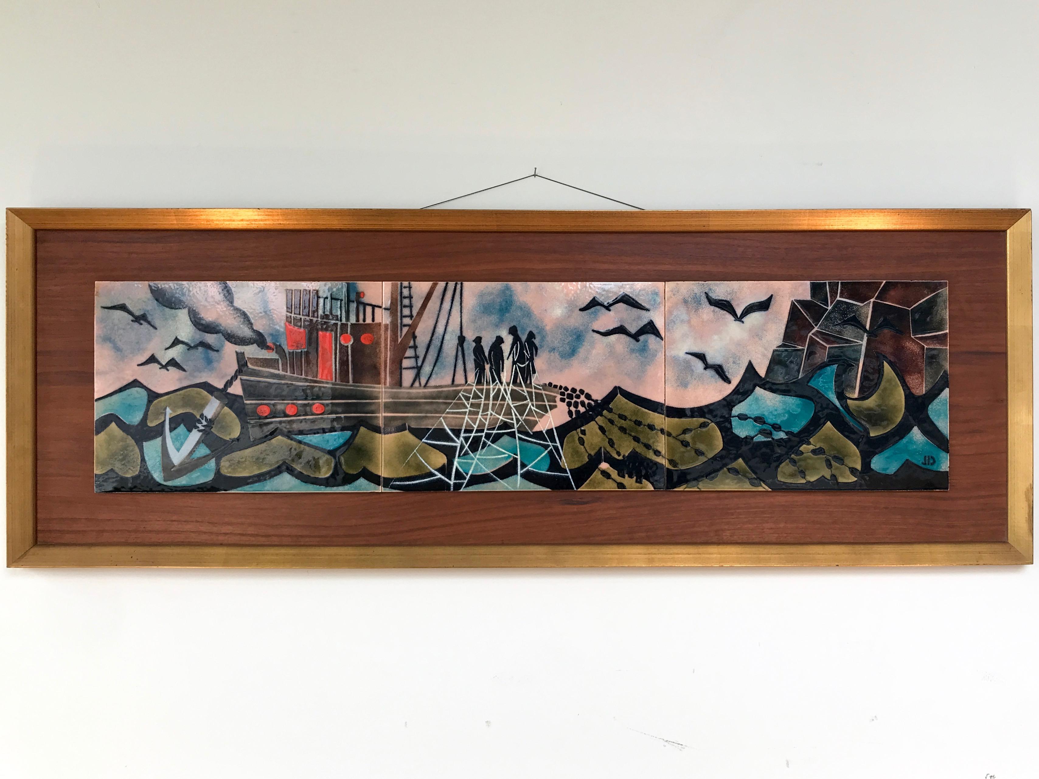 A large and lively enameled copper nautical themed tryptic in custom frame by listed mid-century artist Judith Danner, signed & dated.

Exceptional three-panel Constructivist-influenced Expressionist fishing boat scene confidently rendered in