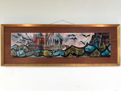 Judith Danner Large Enameled Copper Fishing Boat Tryptic in Custom Frame, 1971