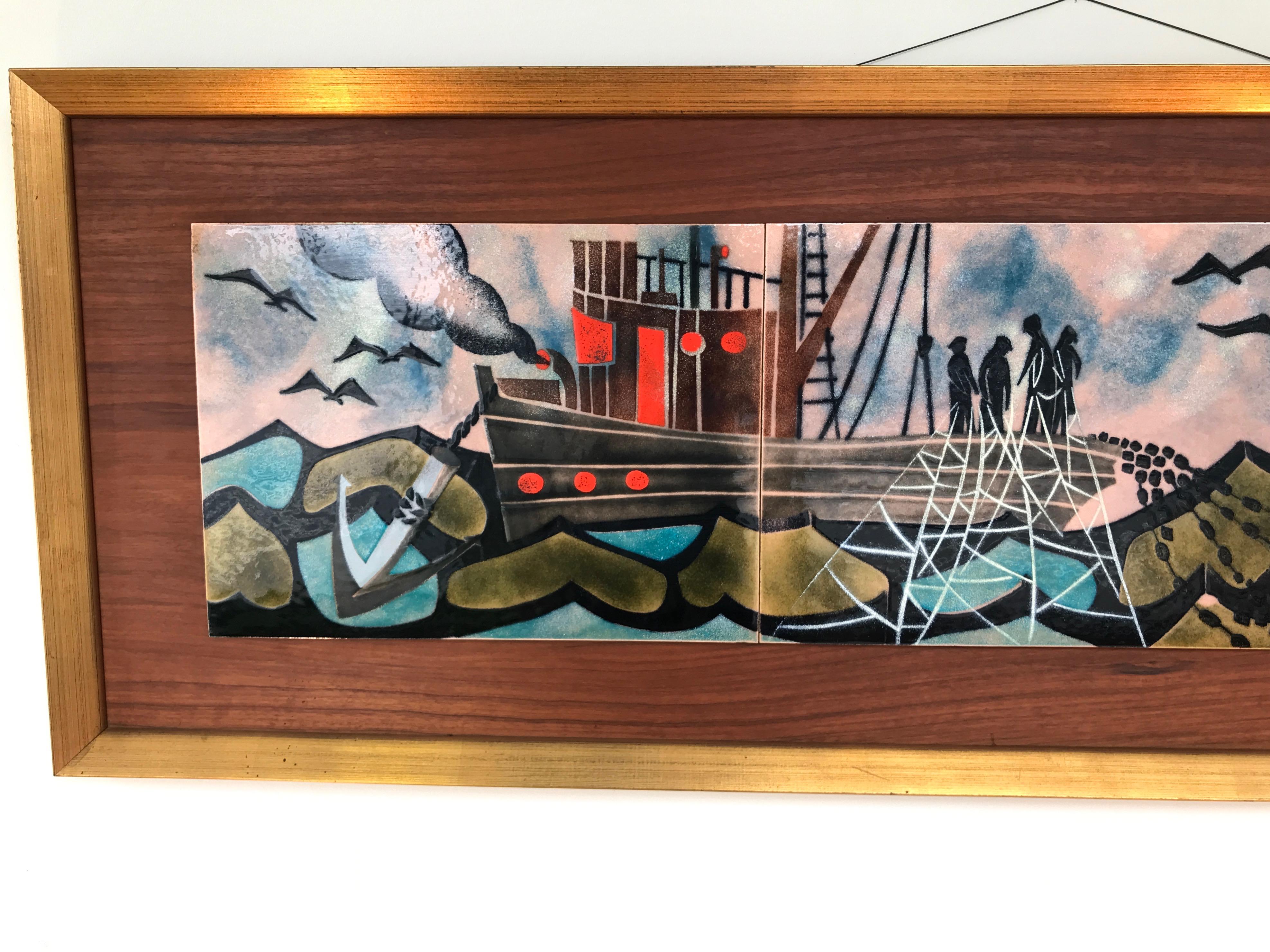 Expressionist Judith Danner Large Enameled Copper Fishing Boat Tryptic in Custom Frame, 1971