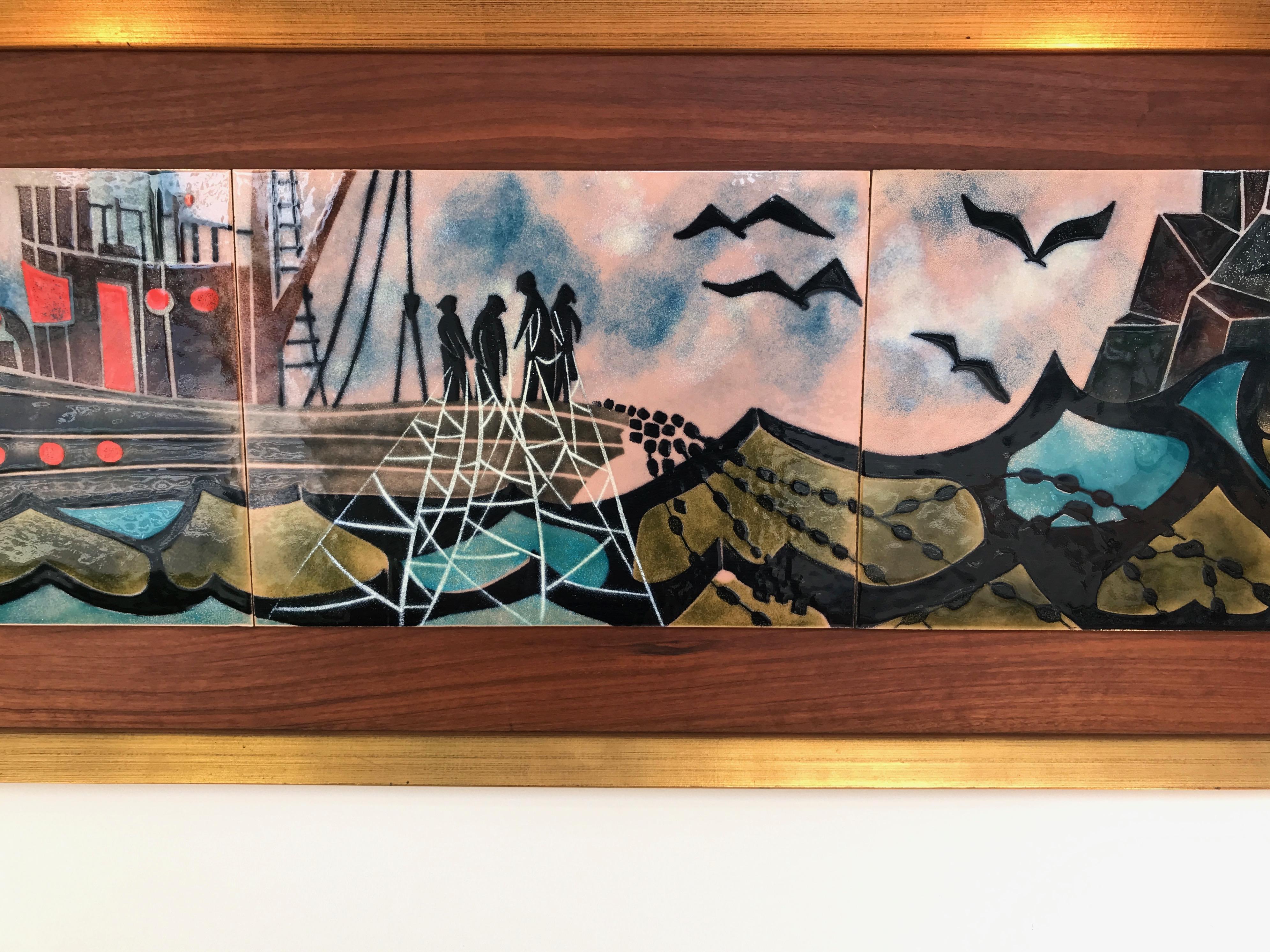 American Judith Danner Large Enameled Copper Fishing Boat Tryptic in Custom Frame, 1971