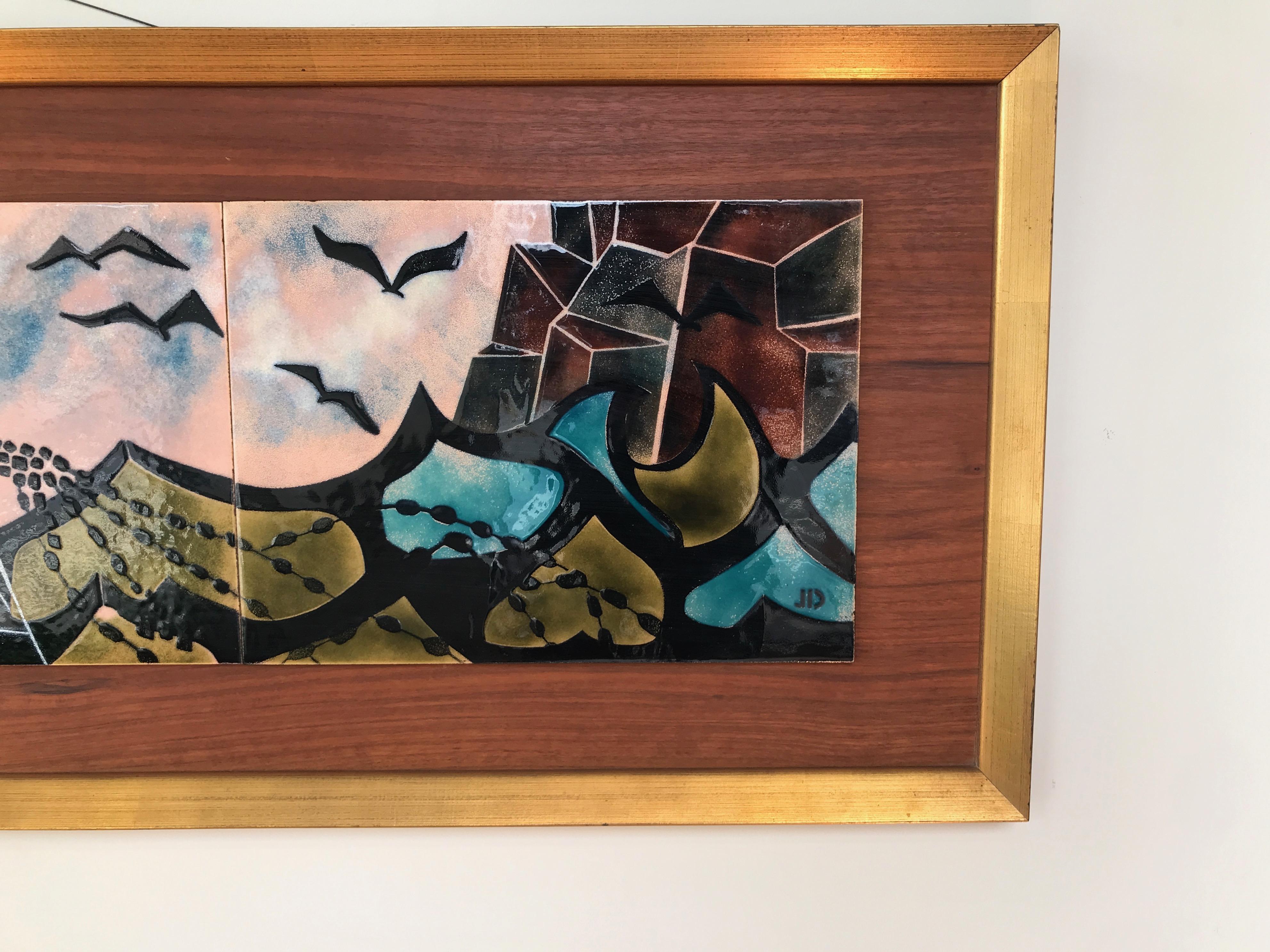 Judith Danner Large Enameled Copper Fishing Boat Tryptic in Custom Frame, 1971 In Good Condition In San Francisco, CA
