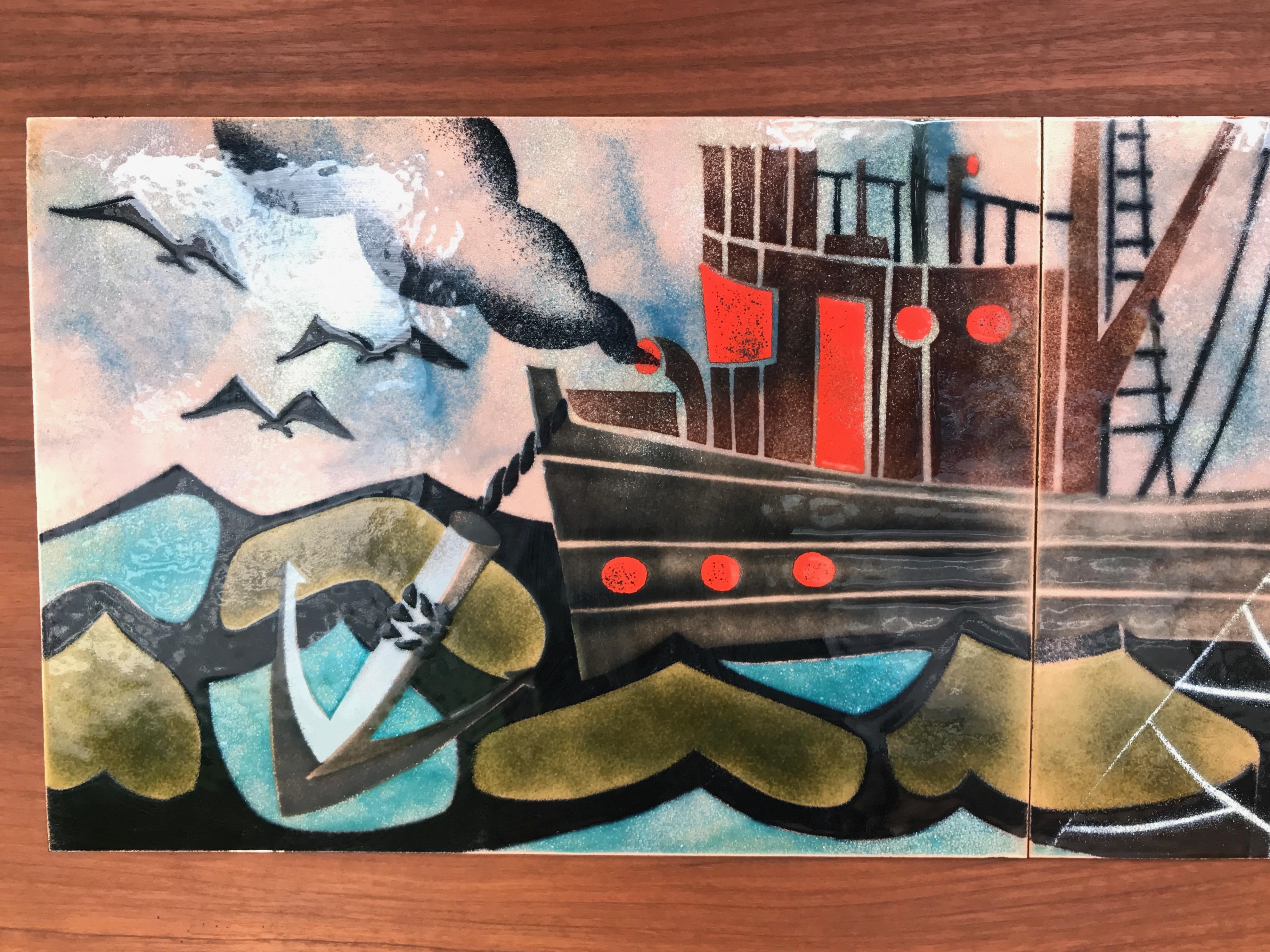 Late 20th Century Judith Danner Large Enameled Copper Fishing Boat Tryptic in Custom Frame, 1971