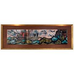 Judith Danner Large Enameled Copper Fishing Boat Tryptic in Custom Frame, 1971