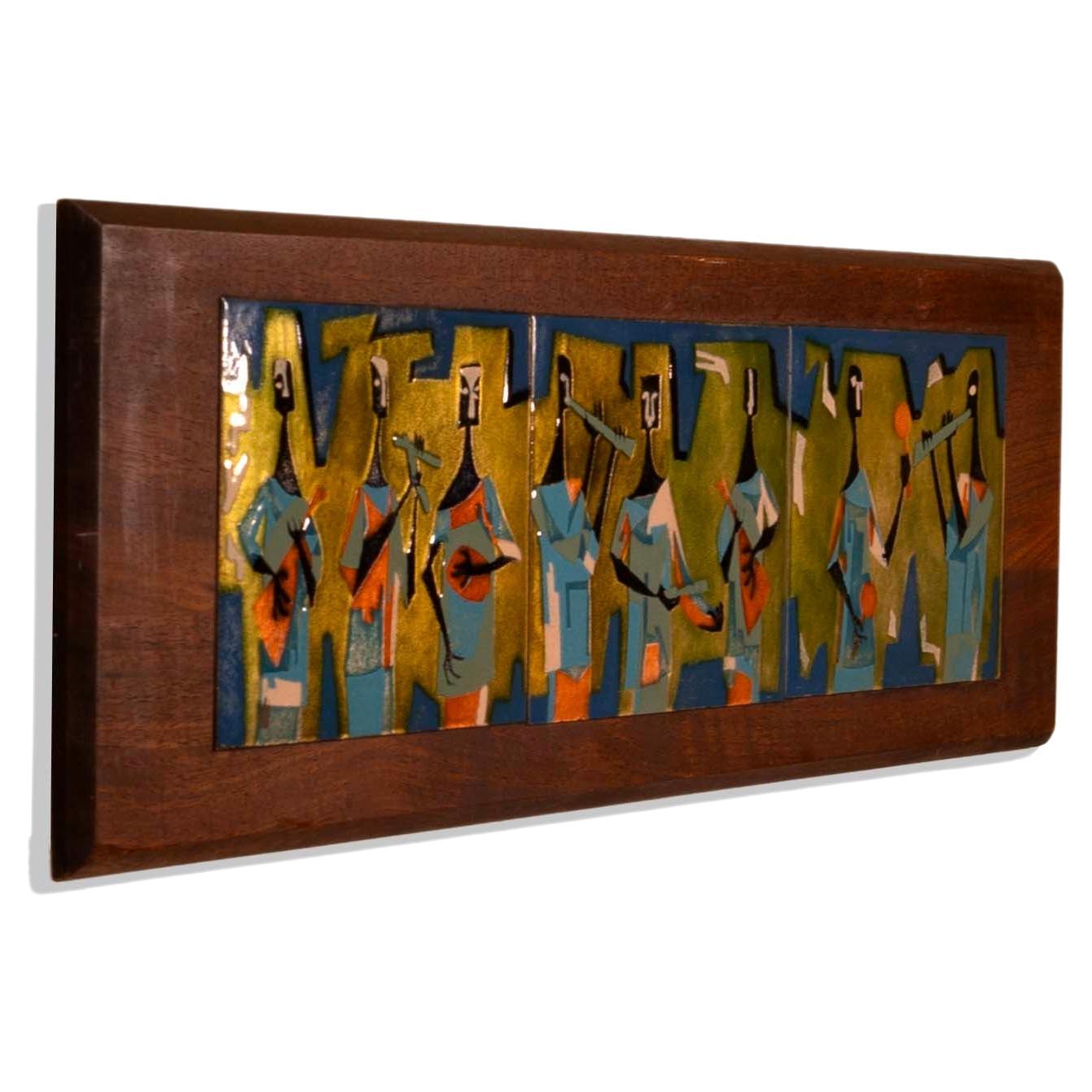 Mid-Century Modern Judith Danner Mid Century Modern Musicians Enamel Over Copper Wall Art on Walnut