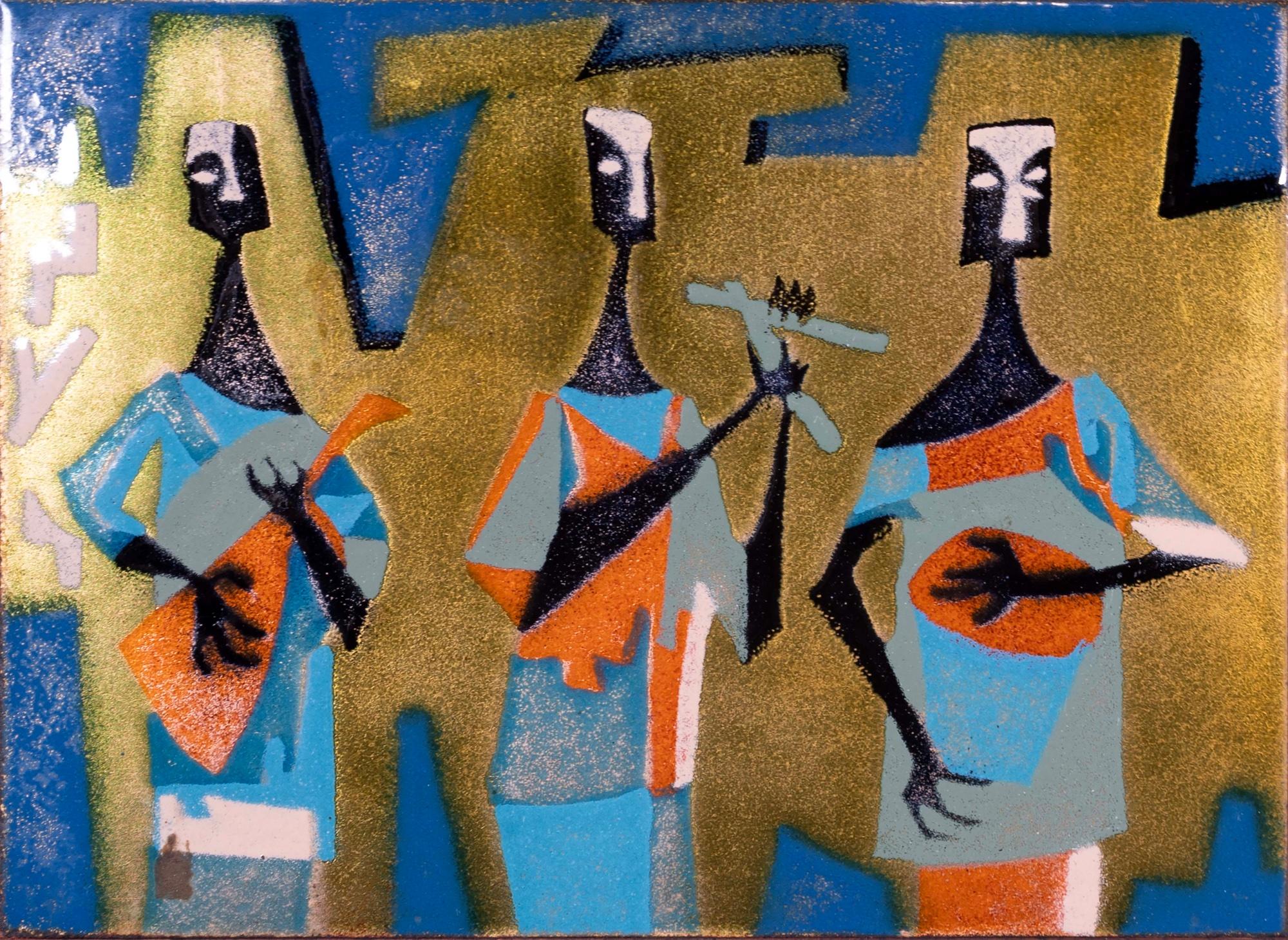 Mid-Century Modern Judith Danner Mid Century Modern Musicians Enamel Over Copper Wall Art on Walnut