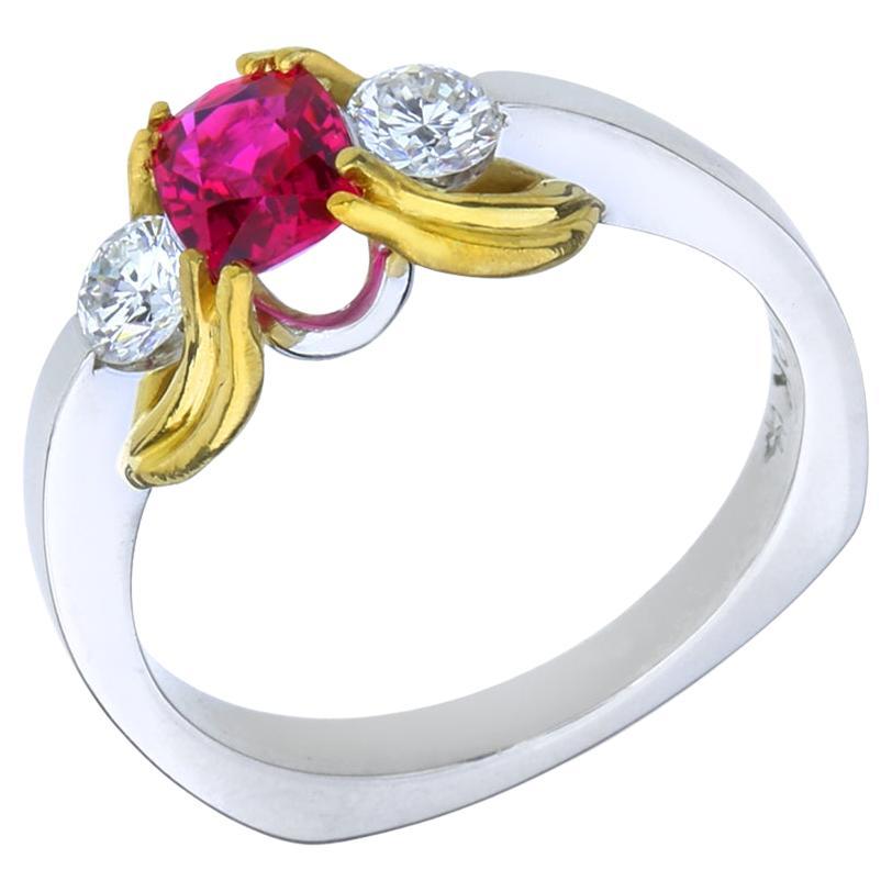 Judith Evans Burmese Red Spinel and Diamond Platinum & 22k Euro Shank Ring For Sale