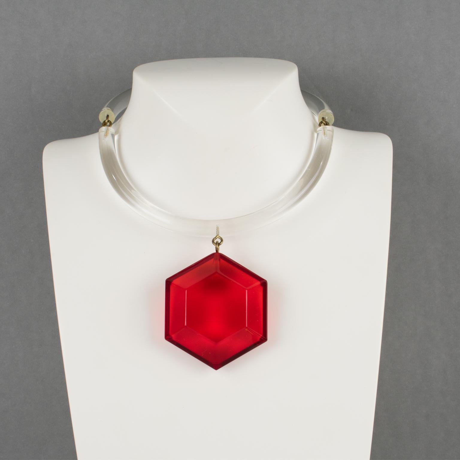 Judith Hendler Acrylic Lucite Neck Ring Necklace with Red Pendant In Excellent Condition In Atlanta, GA
