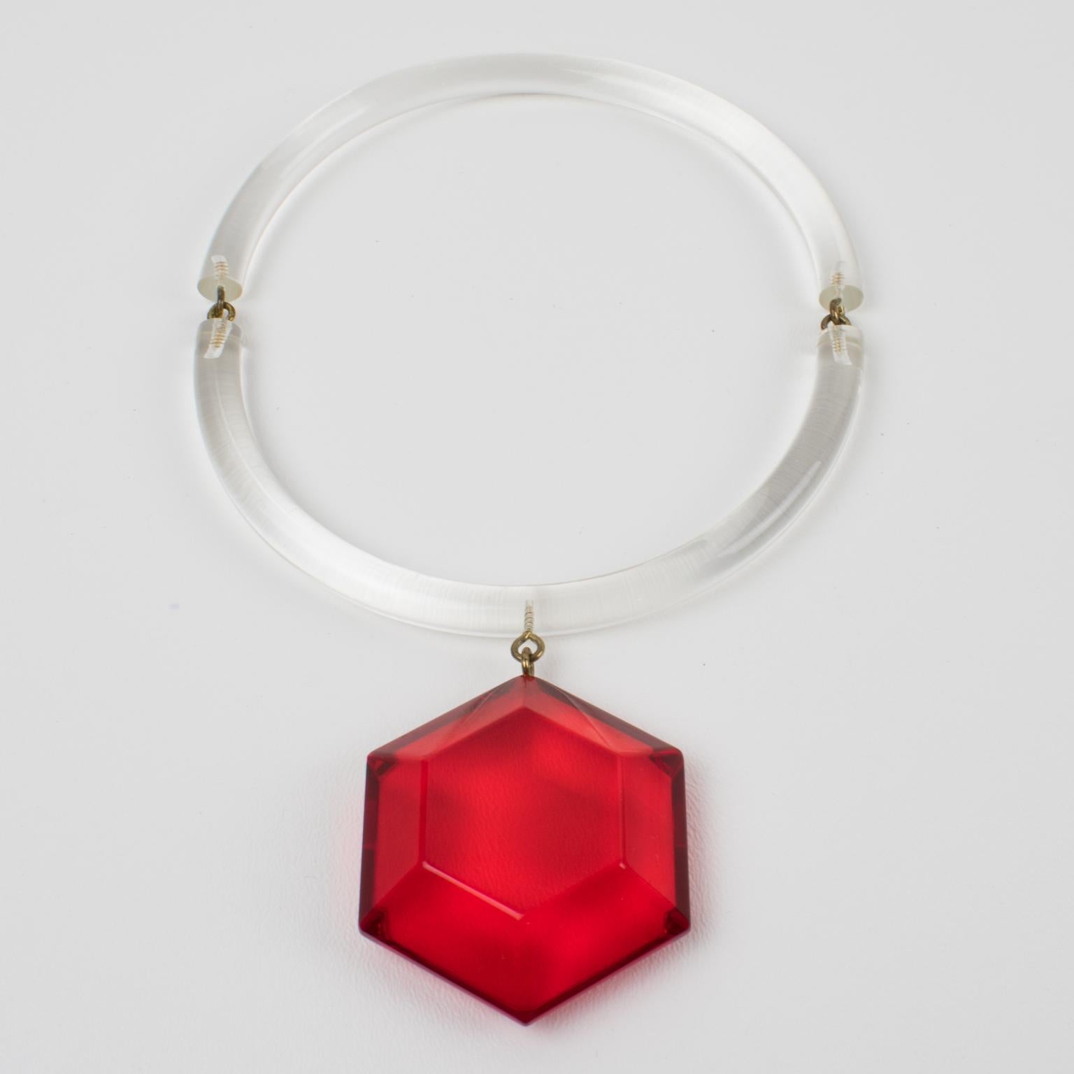 Women's Judith Hendler Acrylic Lucite Neck Ring Necklace with Red Pendant