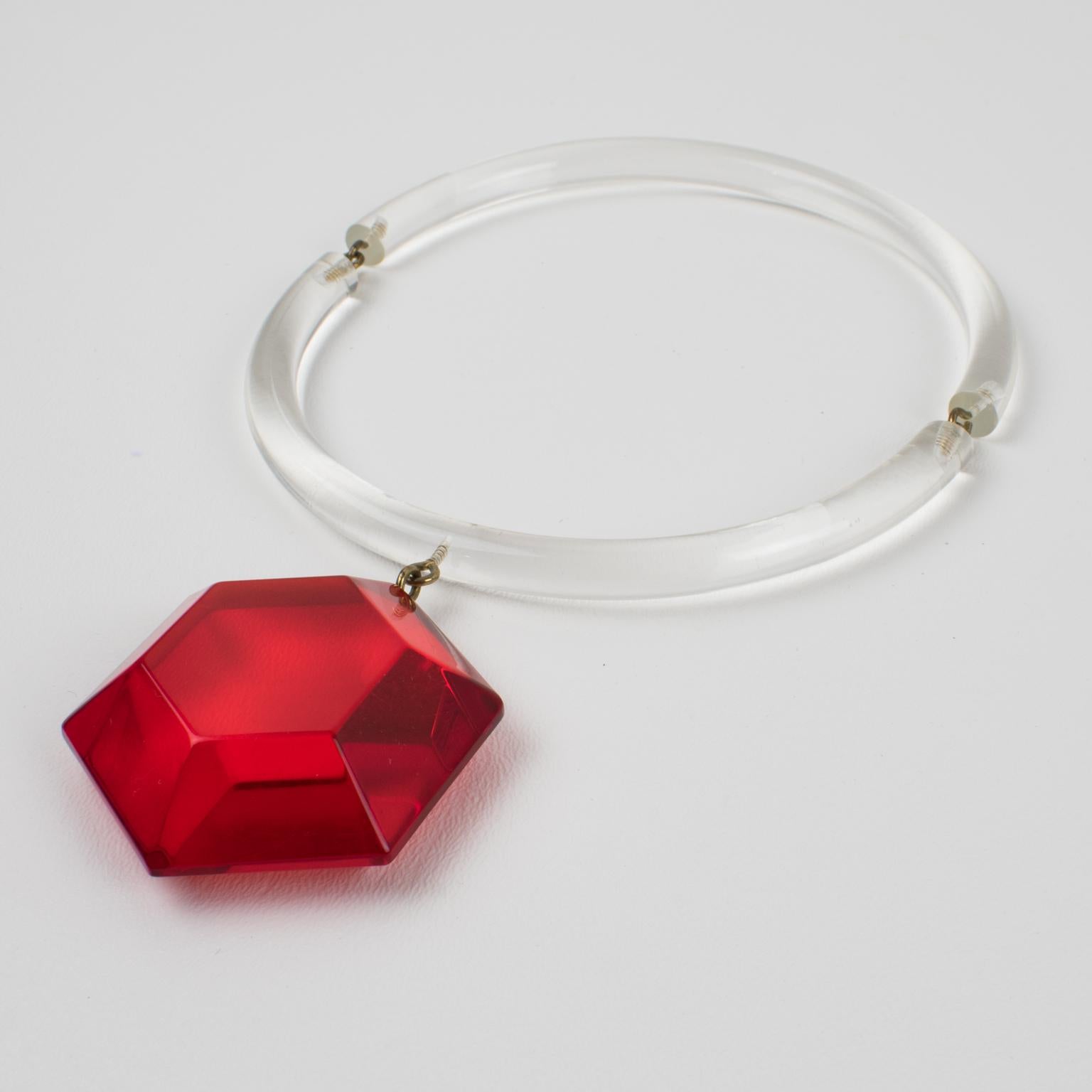 Judith Hendler Acrylic Lucite Neck Ring Necklace with Red Pendant 1