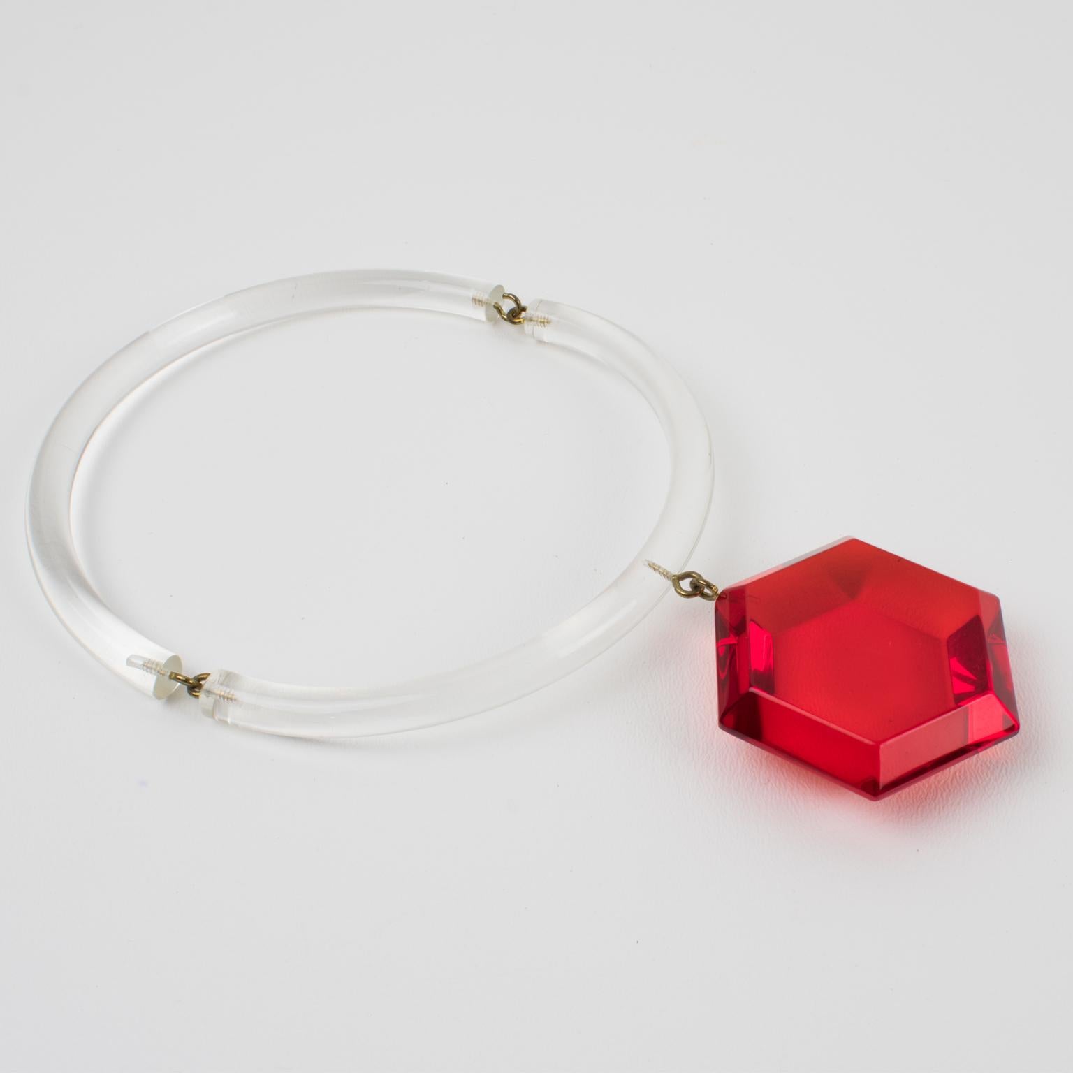 Judith Hendler Acrylic Lucite Neck Ring Necklace with Red Pendant 3