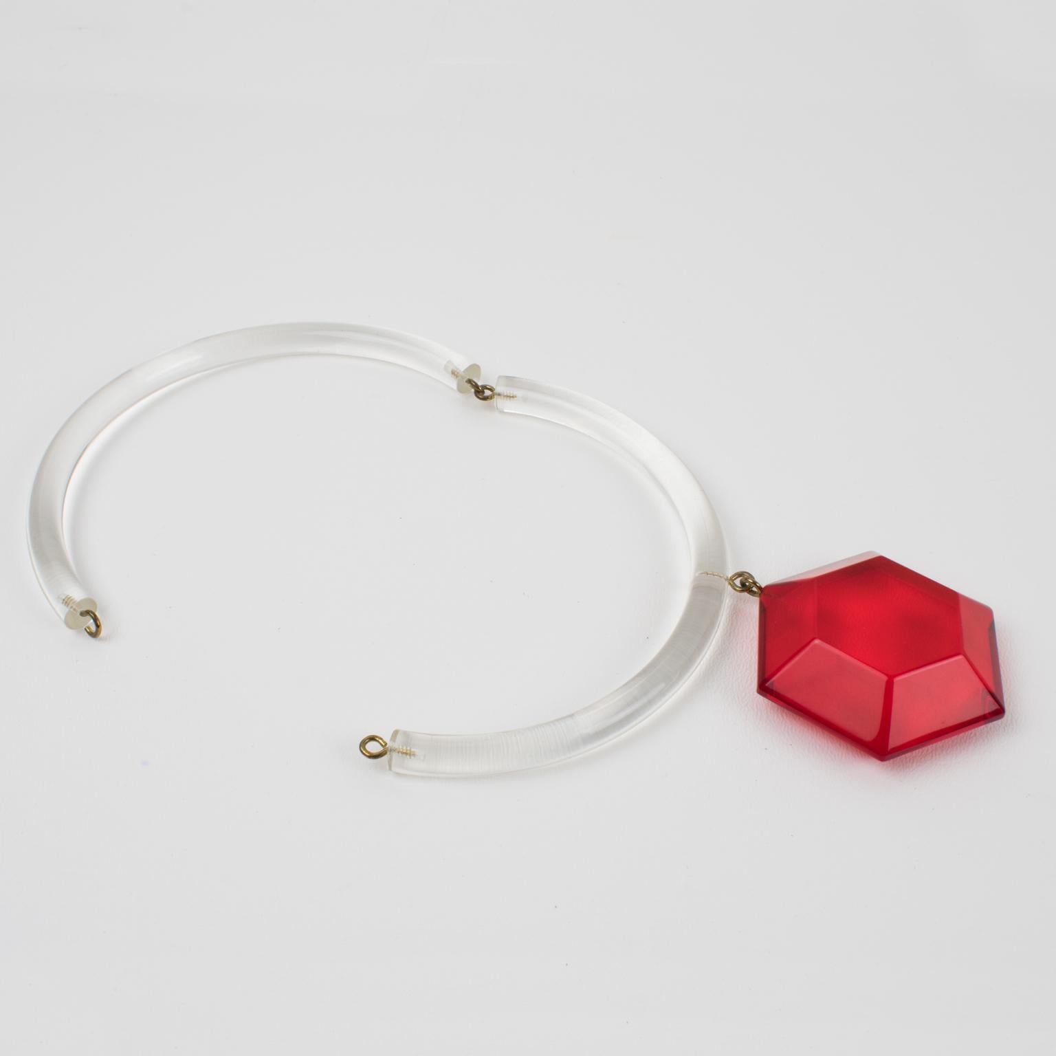 Judith Hendler Acrylic Lucite Neck Ring Necklace with Red Pendant 4