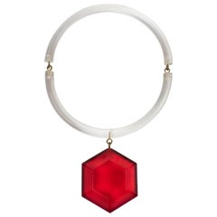 Vintage Judith Hendler Acrylic Lucite Neck Ring Necklace with Red Pendant