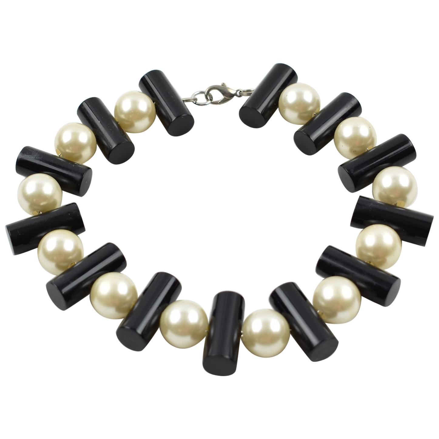 Judith Hendler Black and Pearl Lucite Choker Necklace