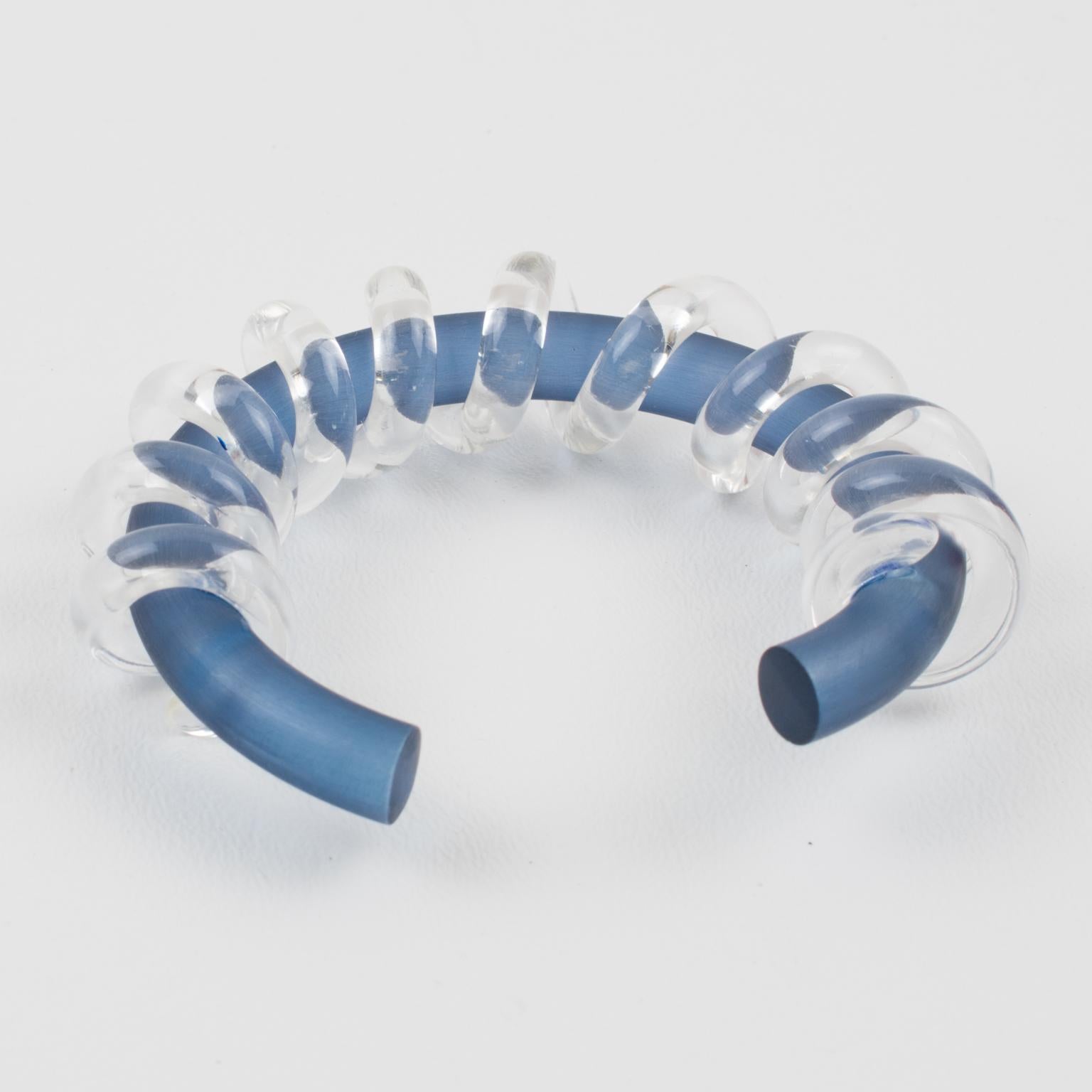 Modernist Judith Hendler Clear & Blue Lucite Acrylic Spiral Cuff Bracelet Bangle