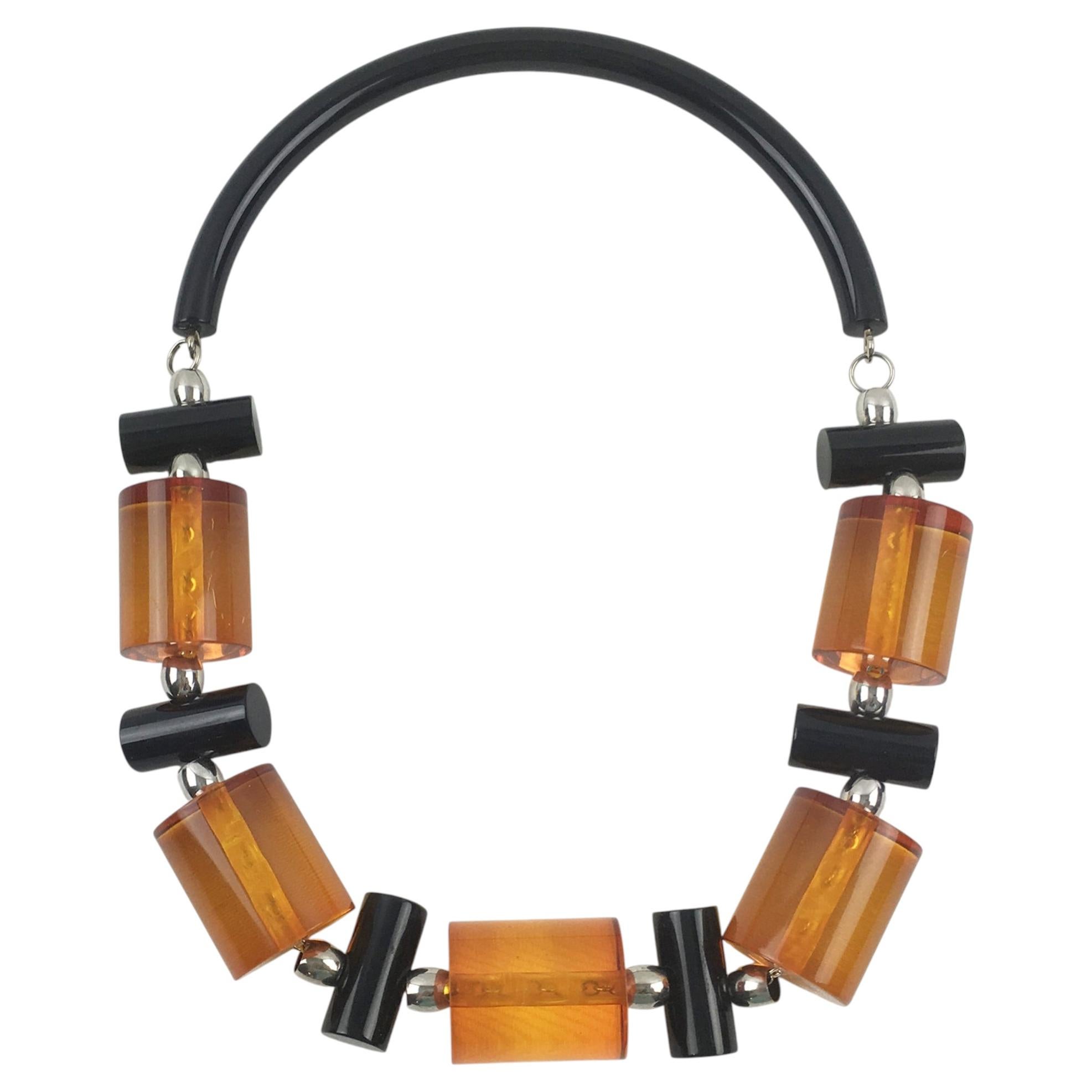 Judith Hendler Licorice and Orange Acrylic Lucite Geometric Necklace For Sale