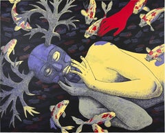 Eve Awakening, Judithe Hernandez, Female Figure with Koi Fish and Luchadora Mask