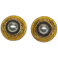 Vintage Judith Jack 1980s Gold with Sterling Silver Large Button Earrings