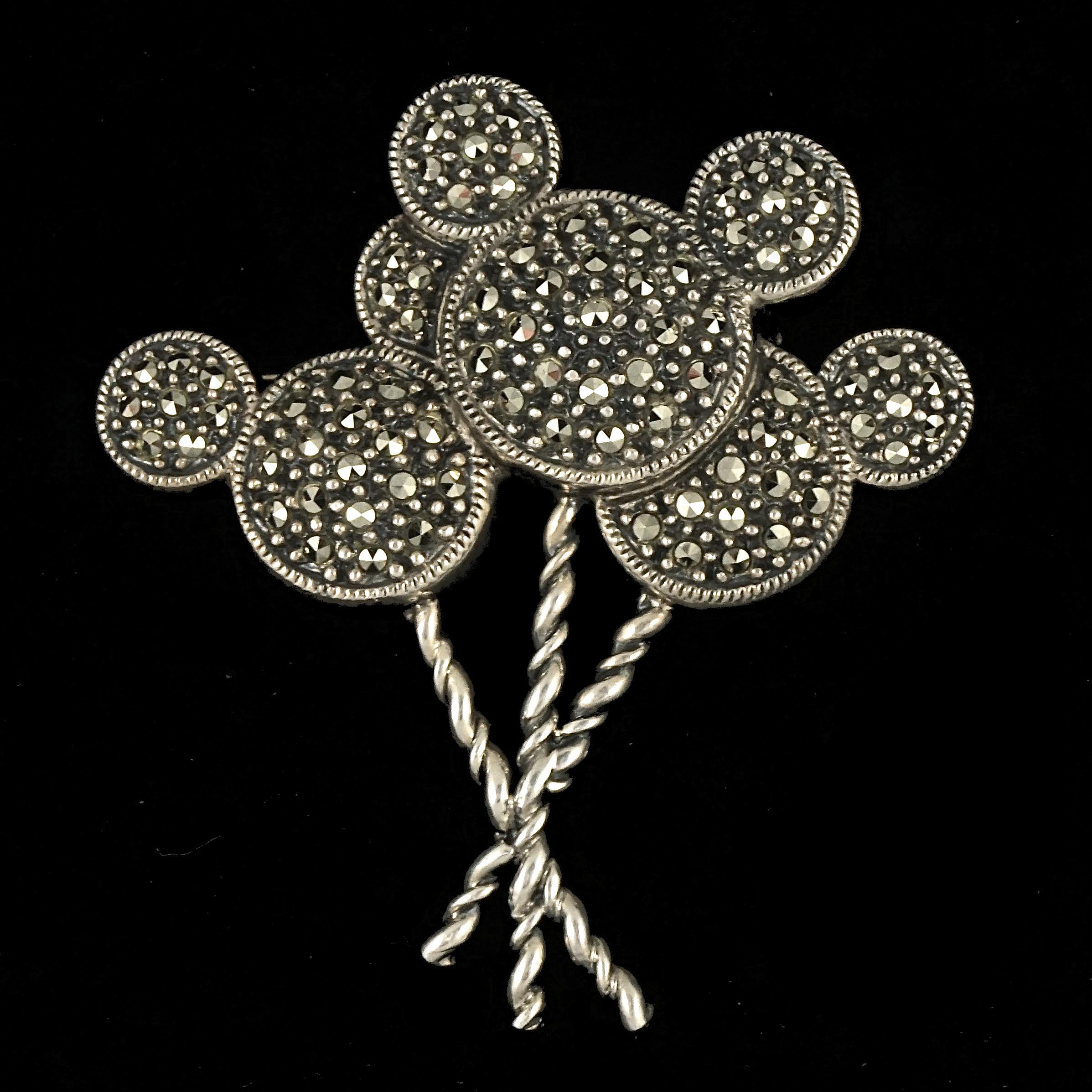 Round Cut Judith Jack Sterling Silver and Marcasite Disney Mickey Mouse Balloon Brooch For Sale