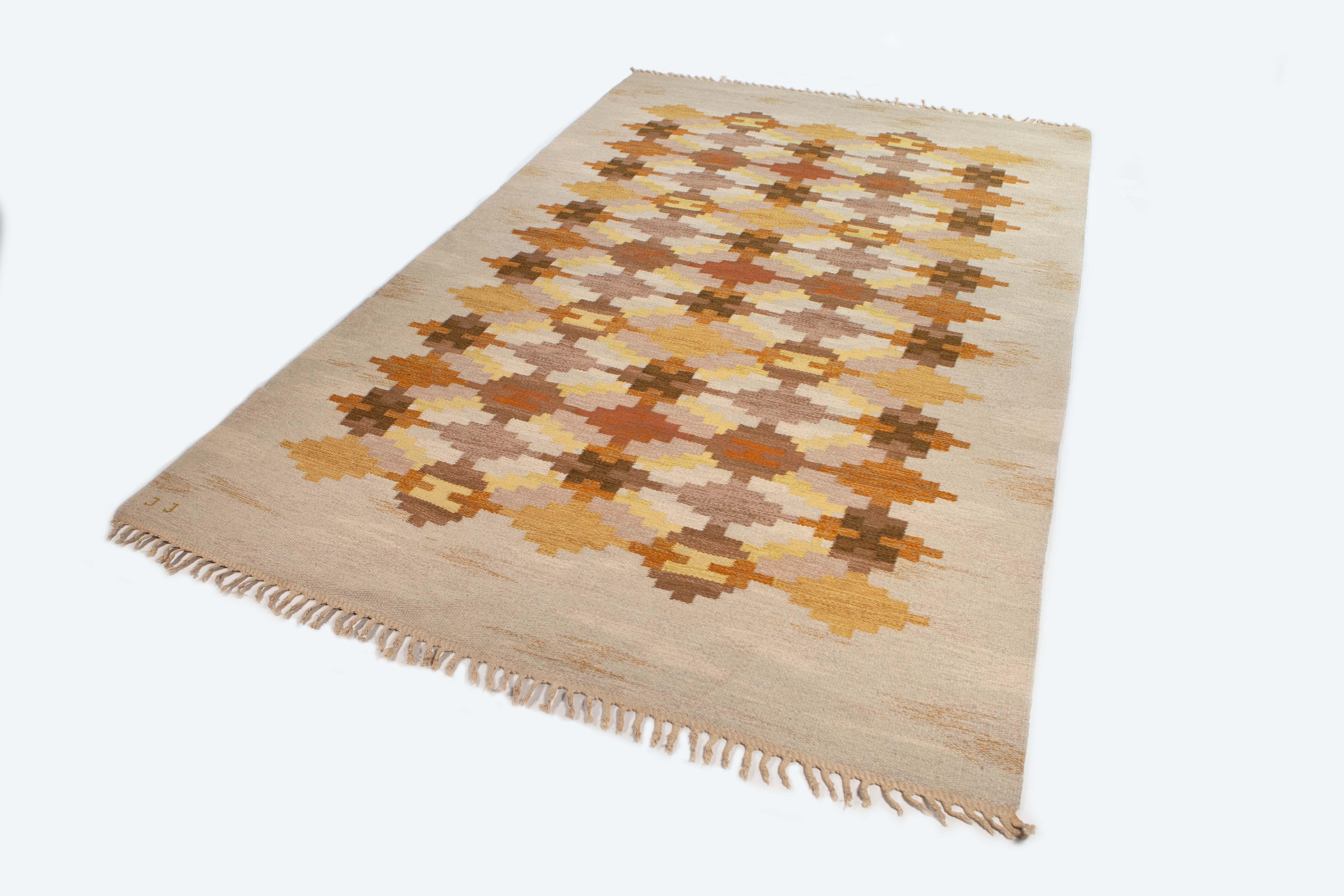 Judith Johansson Handwoven Flat-Weave Rug Signed JJ, Sweden, 1960s In Good Condition In Los Angeles, CA