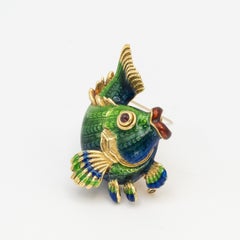 JUDITH LEIBER 18K Yellow Gold Enamel Fish Brooch