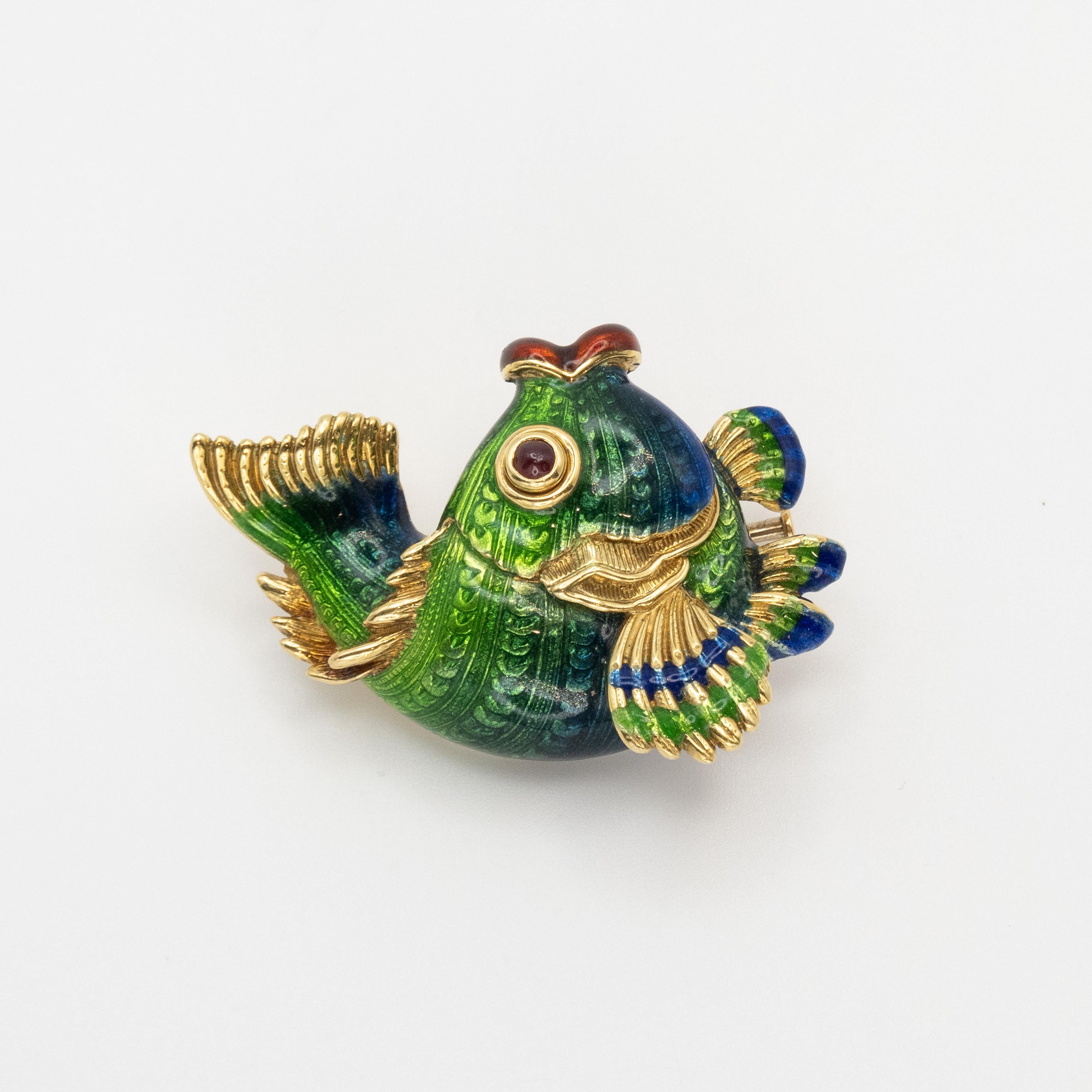 Modern JUDITH LEIBER 18K Yellow Gold Enamel Fish Brooch